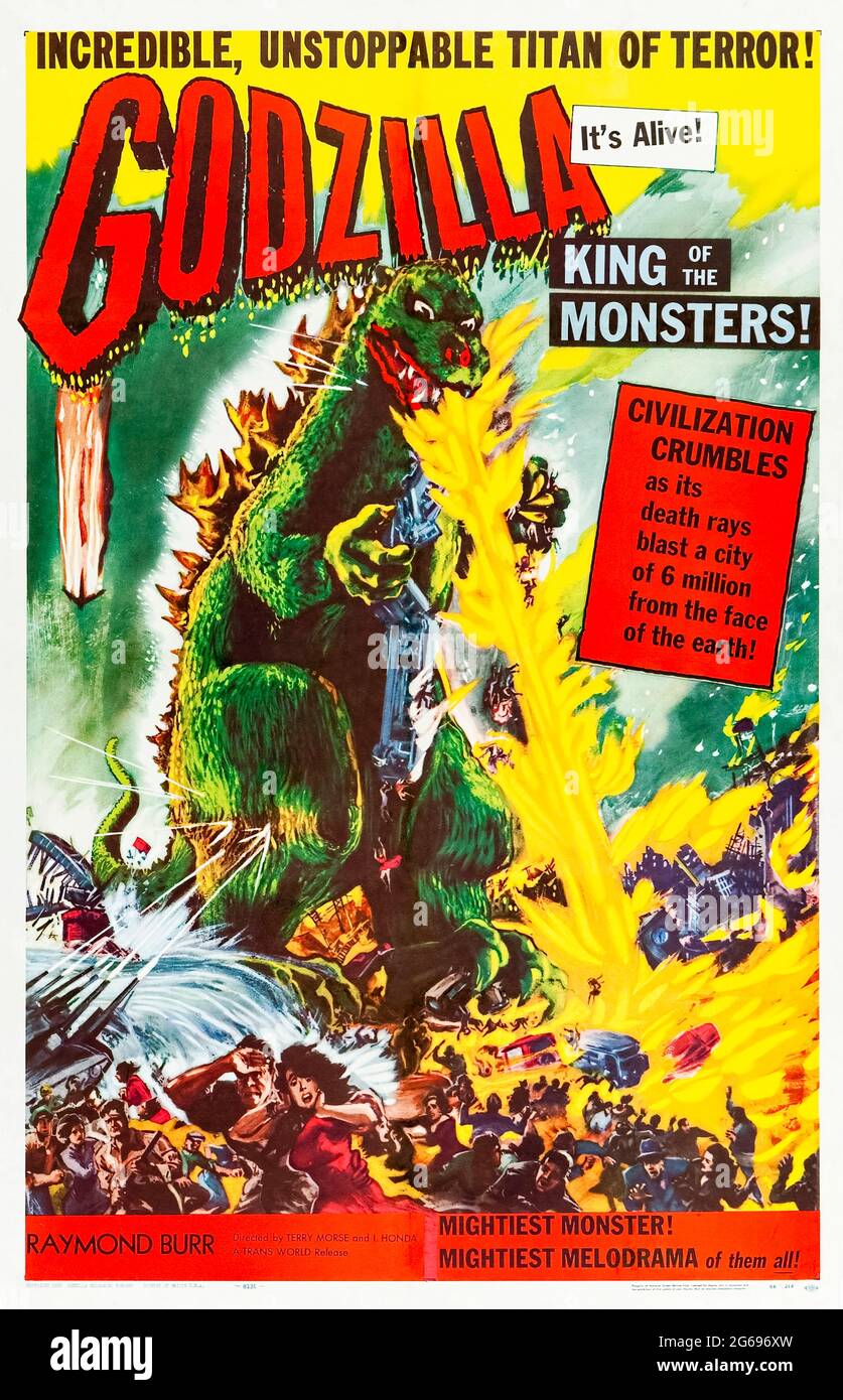Godzilla, King of the Monsters! (1976) directed by Ishirô Honda and Terry O. Morse and starring Raymond Burr, Takashi Shimura and Momoko Kôchi. Americanisation of the 1954 Japanese film Godzilla featuring re-dubbed and new scenes featuring Raymond Burr and introduced the sea monster god awoken by nuclear testing to the world outside Japan. Stock Photo