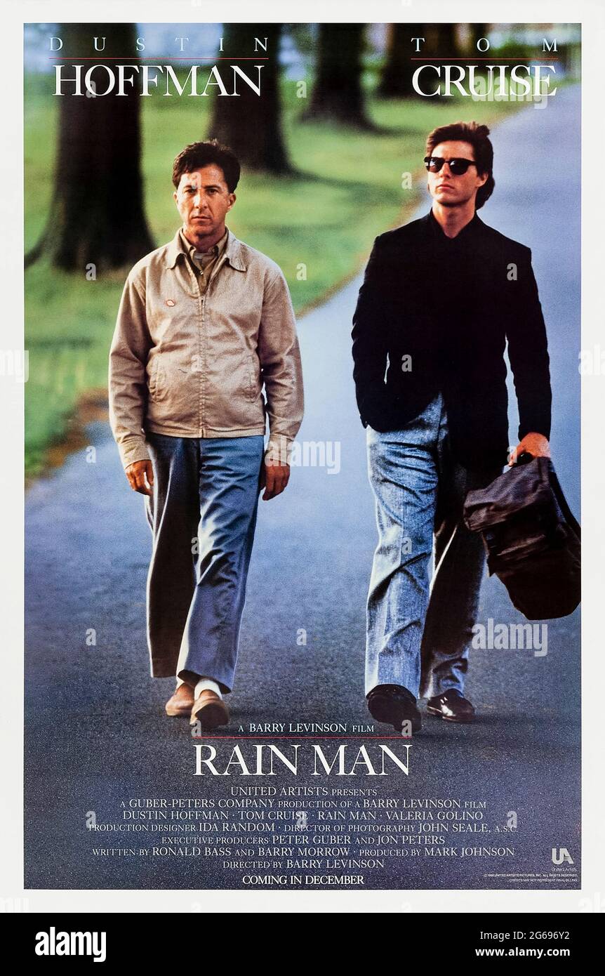 Rain Man (1988) directed by Barry Levinson and starring Dustin Hoffman, Tom Cruise and Valeria Golino. The selfish brother of an idiot savant with a gift for numbers discovers he is cut out of his father's will and goes on a road trip with him where he discovers there is more to life than money. Stock Photo