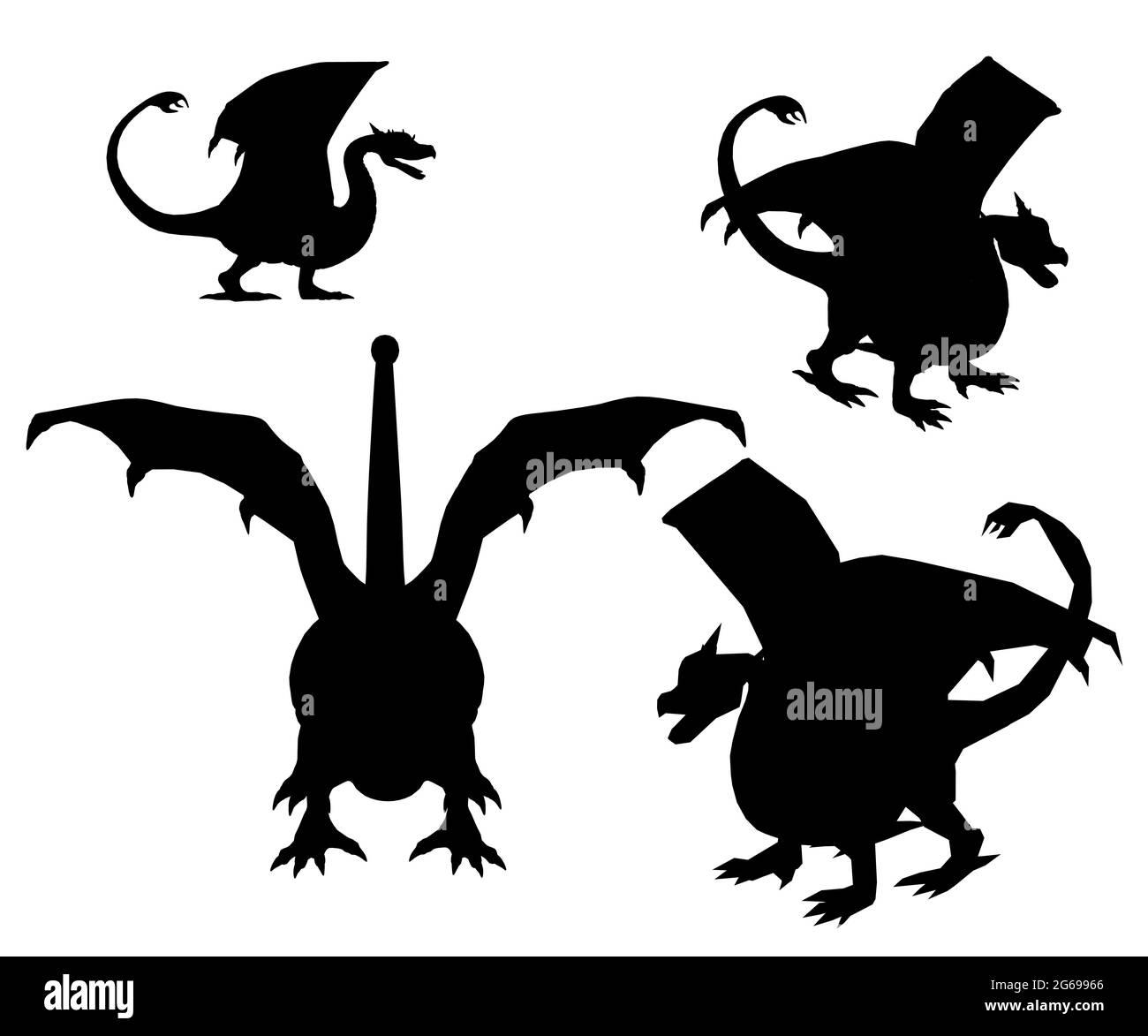 Set with dragons silhouettes isolated on white background. Vector illustration. Stock Vector