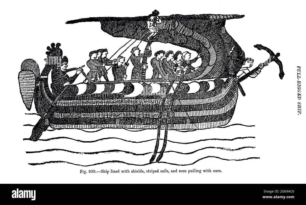 full rigged Viking dragon head ship, lined with shields, striped sails and men pulling on oars. From the book ' The viking age: the early history, manners, and customs of the ancestors of the English-speaking nations ' Volume 2 by Du Chaillu, Paul B. (Paul Belloni), Published in New York by  C. Scribner's sons in 1890 Stock Photo