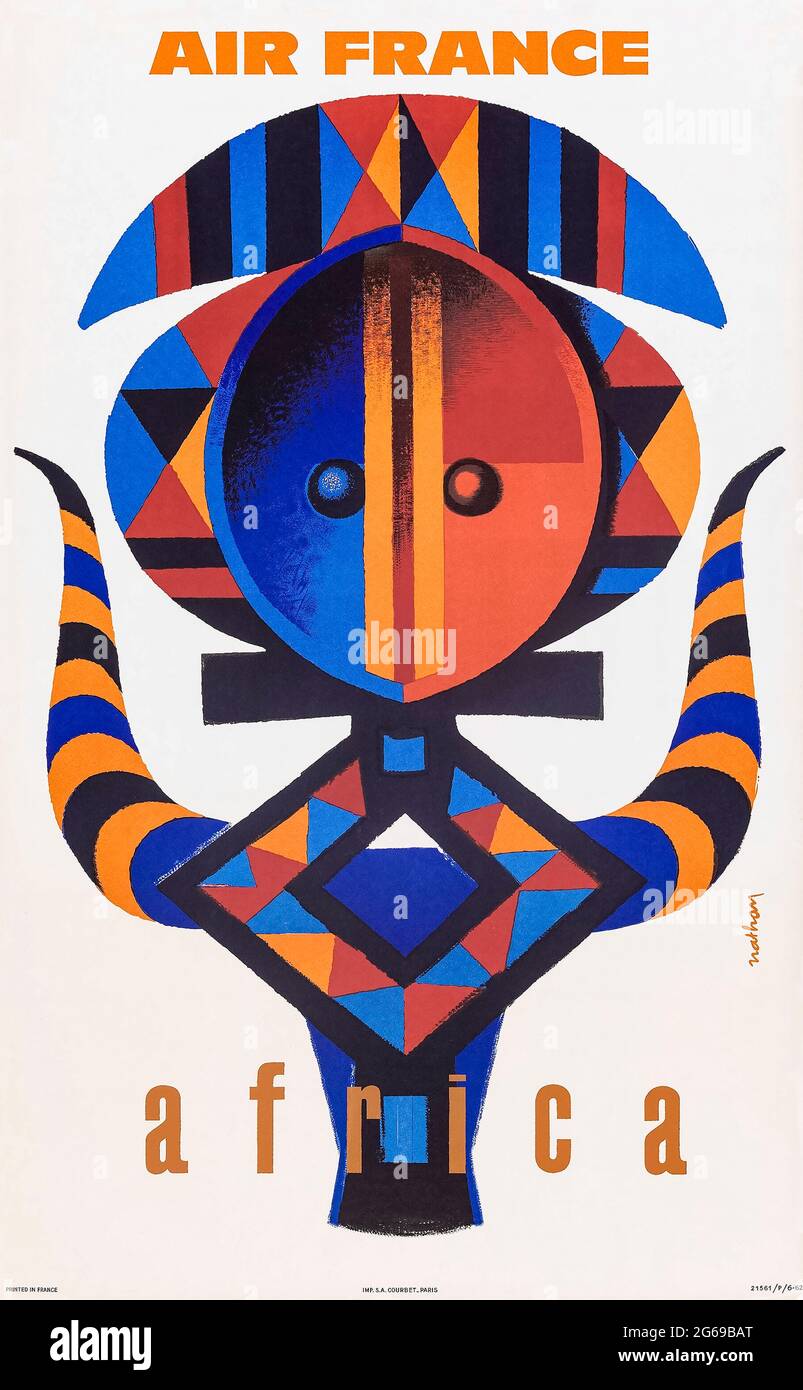 ‘Air France, Africa’ 1962 Tourism Poster featuring tribal art by Jacques Nathan-Garamond (1910-2001). Credit: Private Collection / AF Fotografie Stock Photo