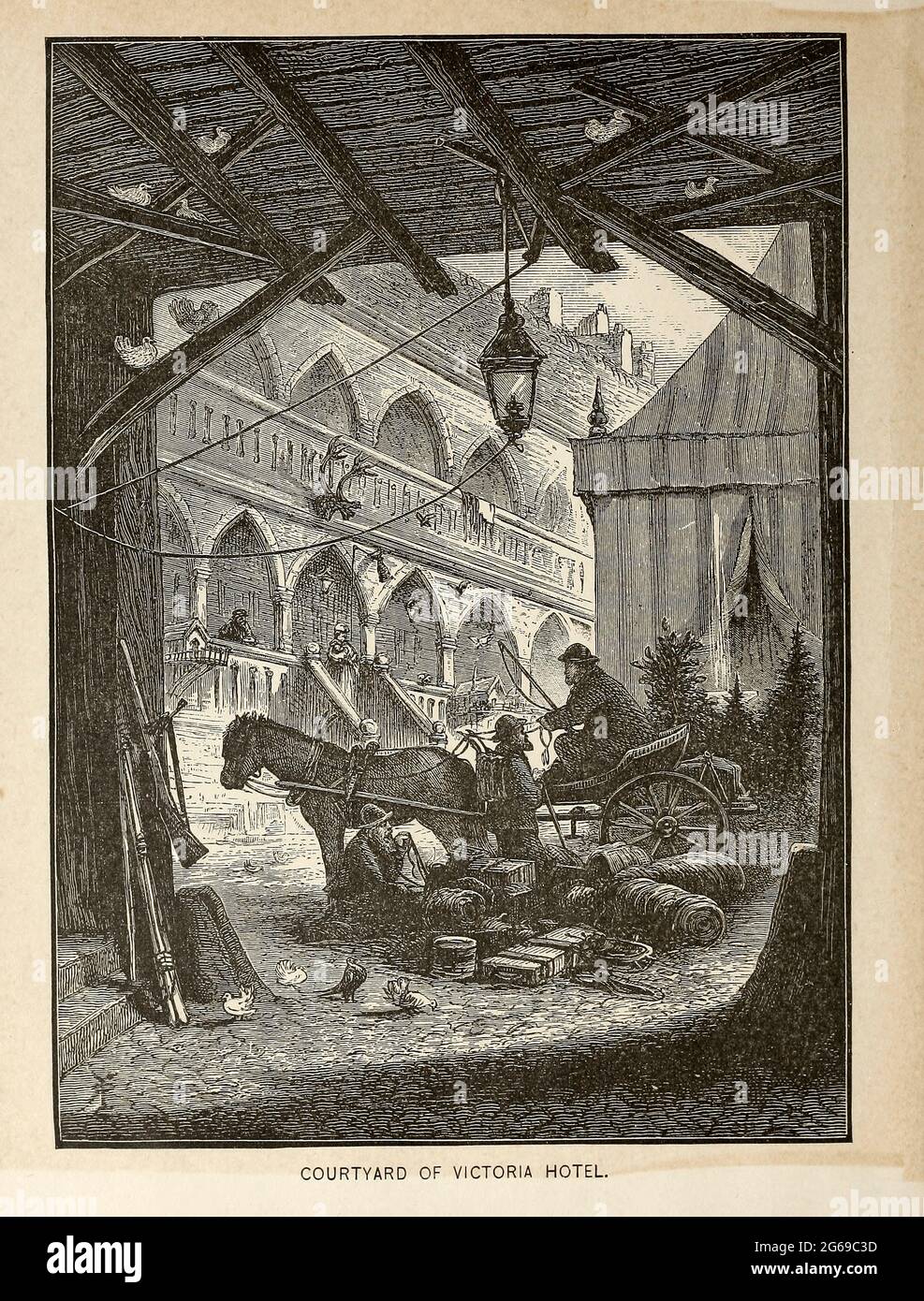 Courtyard of Victoria Hotel From the book ' The viking Bodleys; an excursion into Norway and Denmark ' by Horace Elisha Scudder Published in Boston, by Houghton, Mifflin and Company in 1885 from the BODLEY FAMILY series of books Stock Photo