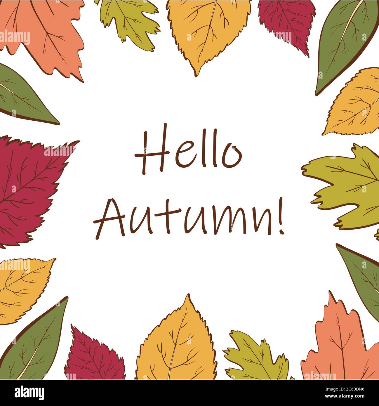 Hello autumn leaves hygge frame isolated on white background. Vector ...