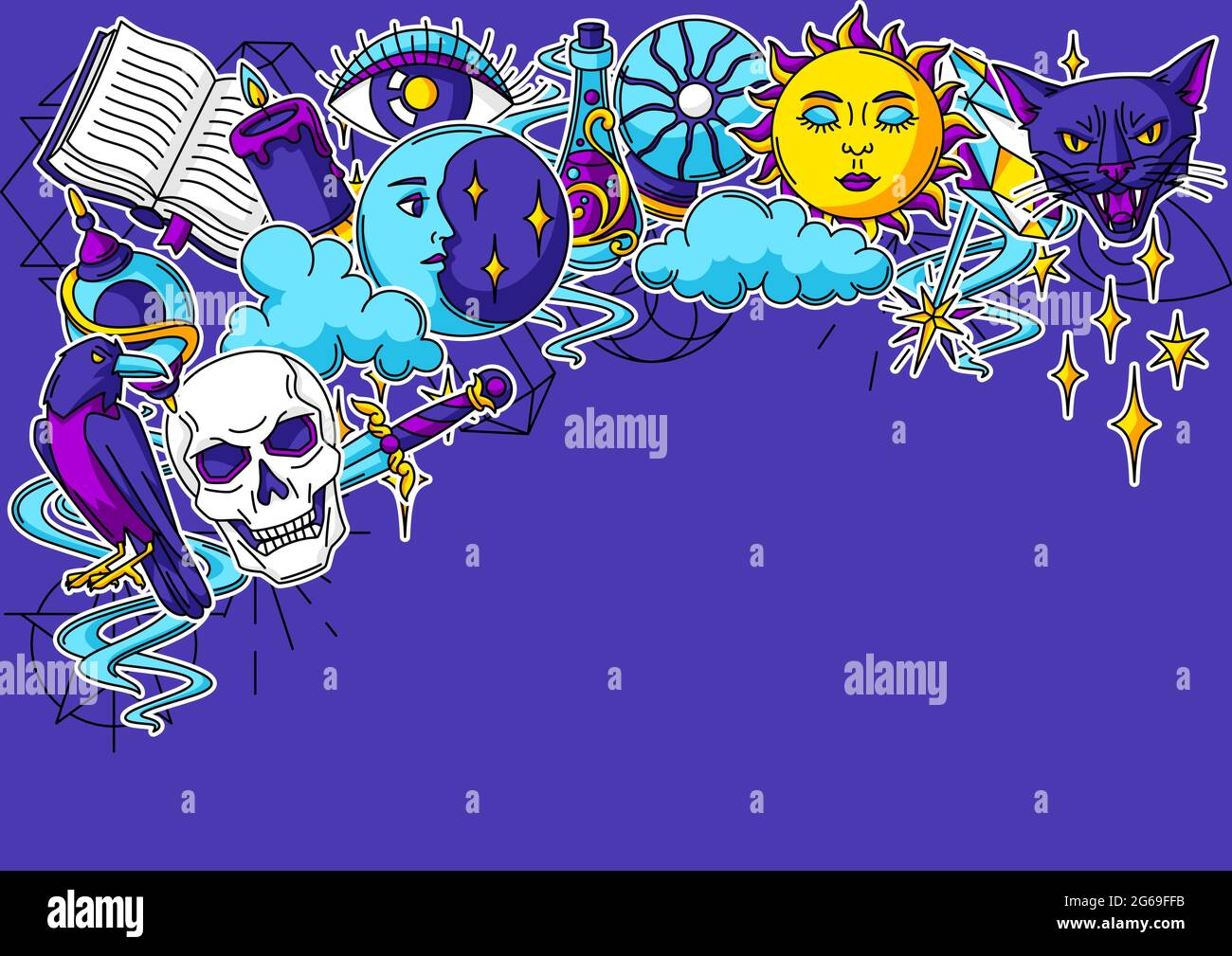 Magic background with mystery items. Mystic, alchemy, spirituality symbols  Stock Vector Image \u0026 Art - Alamy, image size:1300x1009