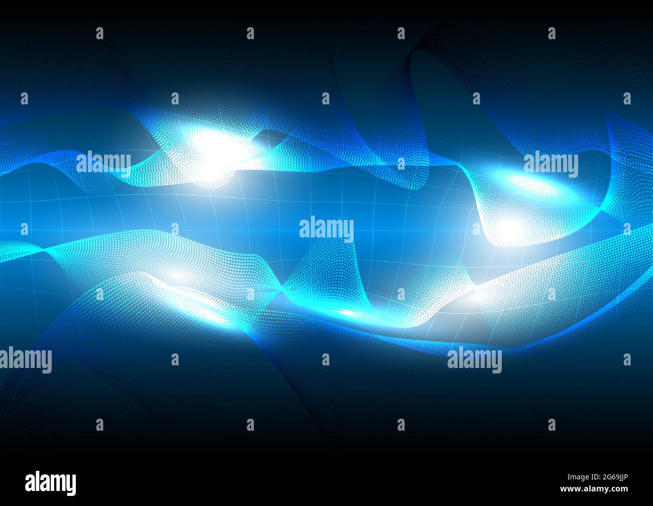 Abstract futuristic landscape with particles dots and mesh background. Computer technology data digital. Glowing wave Stock Vector