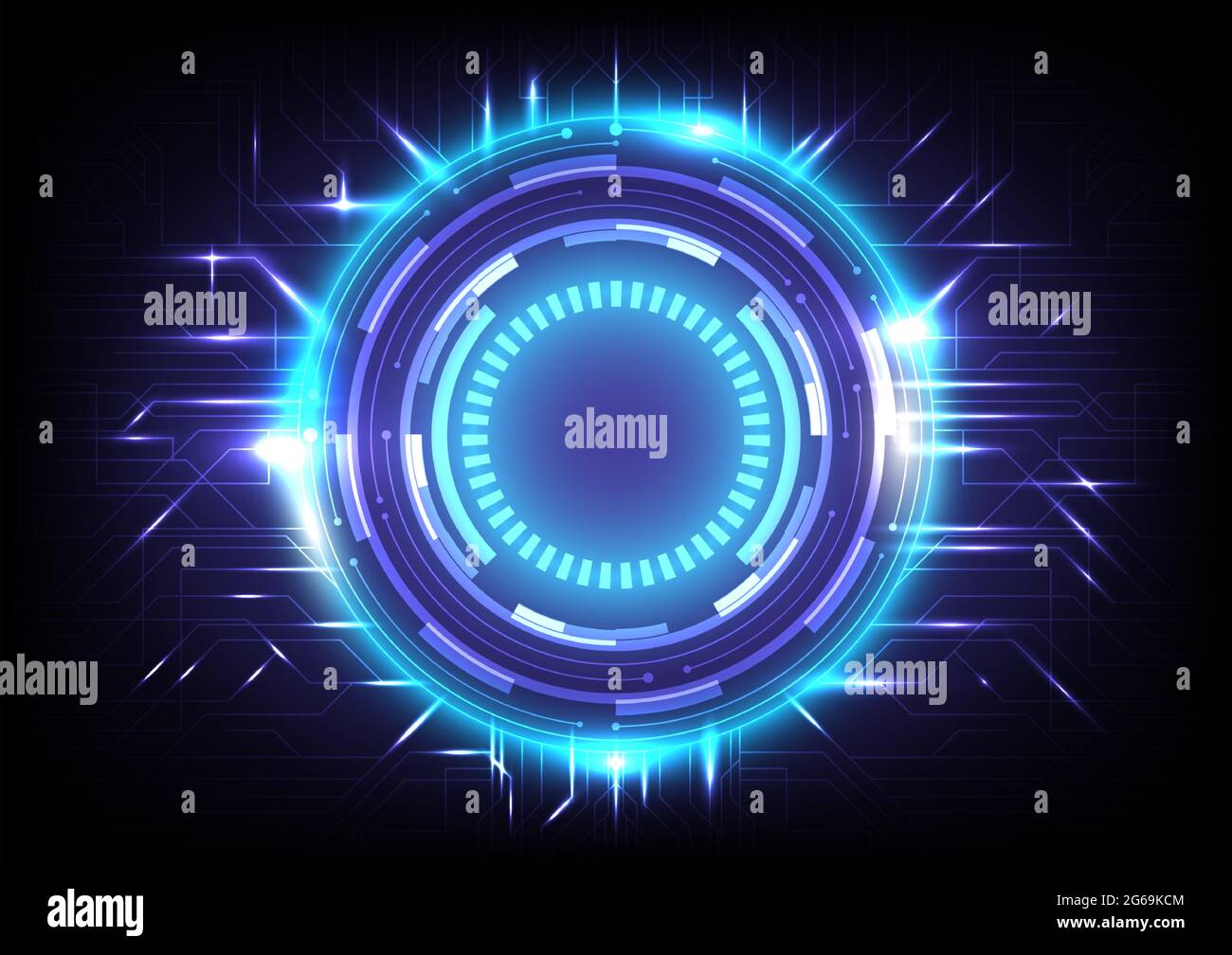 Abstract hologram hi-tech background. Virtual reality technology innovation. Head-up display interface. Futuristic Sci-Fi glowing HUD circle. Digital Stock Vector