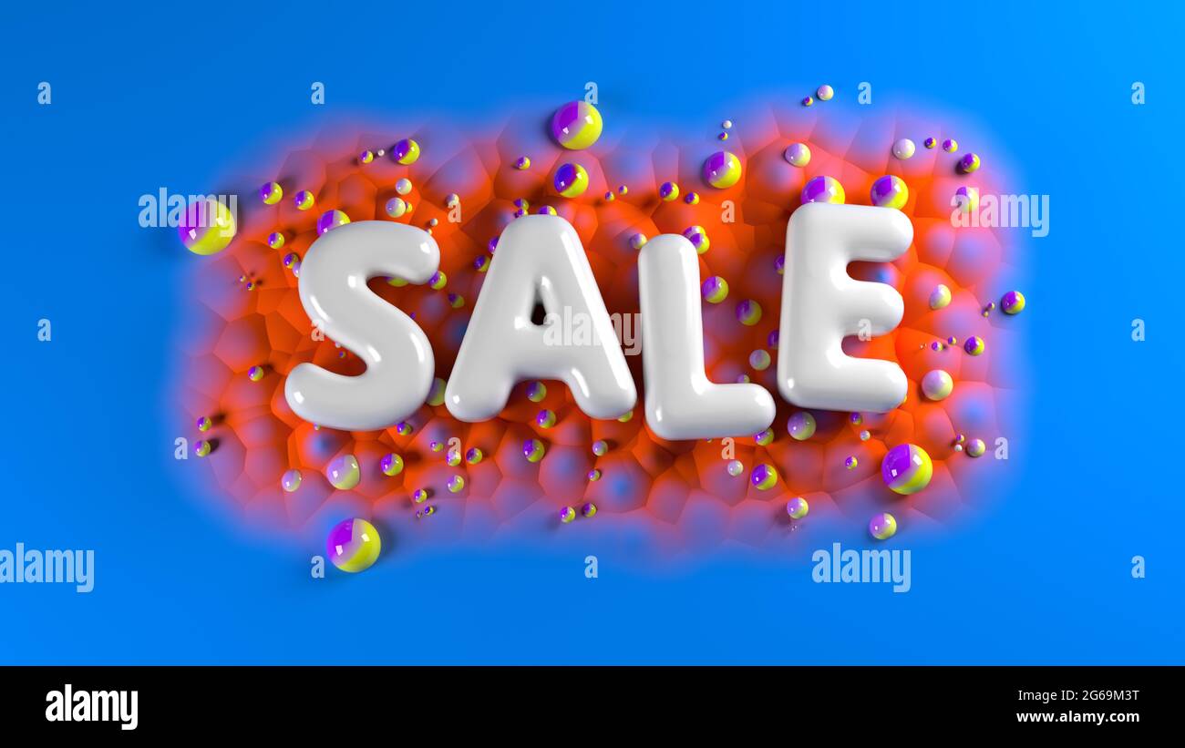 sale bright glossy letters on a blue abstract background with colorful spheres and mountains. 3d illustration Stock Photo