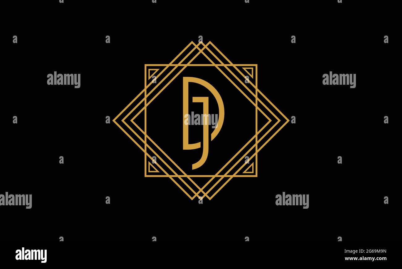 Connected joint Letters D and J Art deco minimalstic logo in gold color isolated in black background with square frame Stock Vector