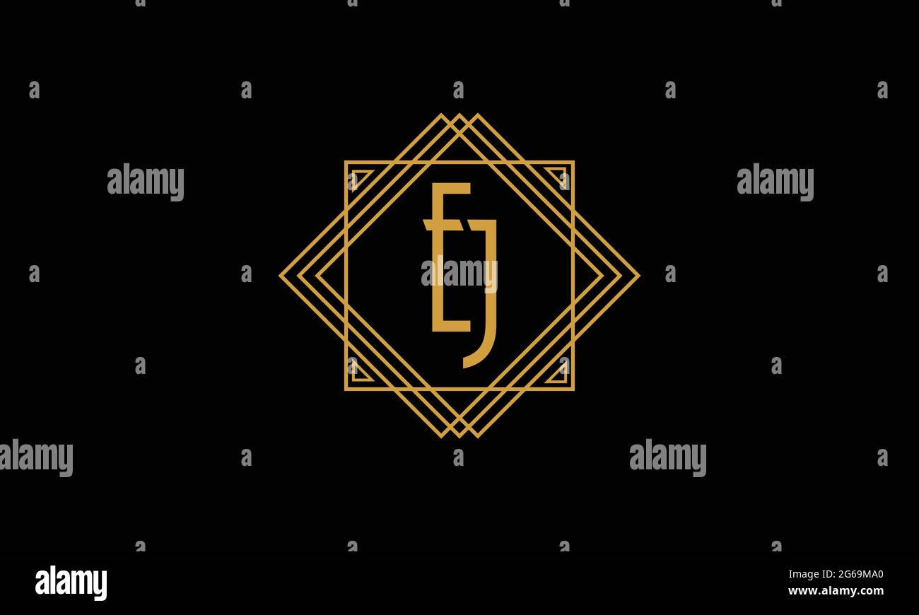 Connected joint Letters E and J Art deco minimalstic logo in gold color isolated in black background with square frame Stock Vector