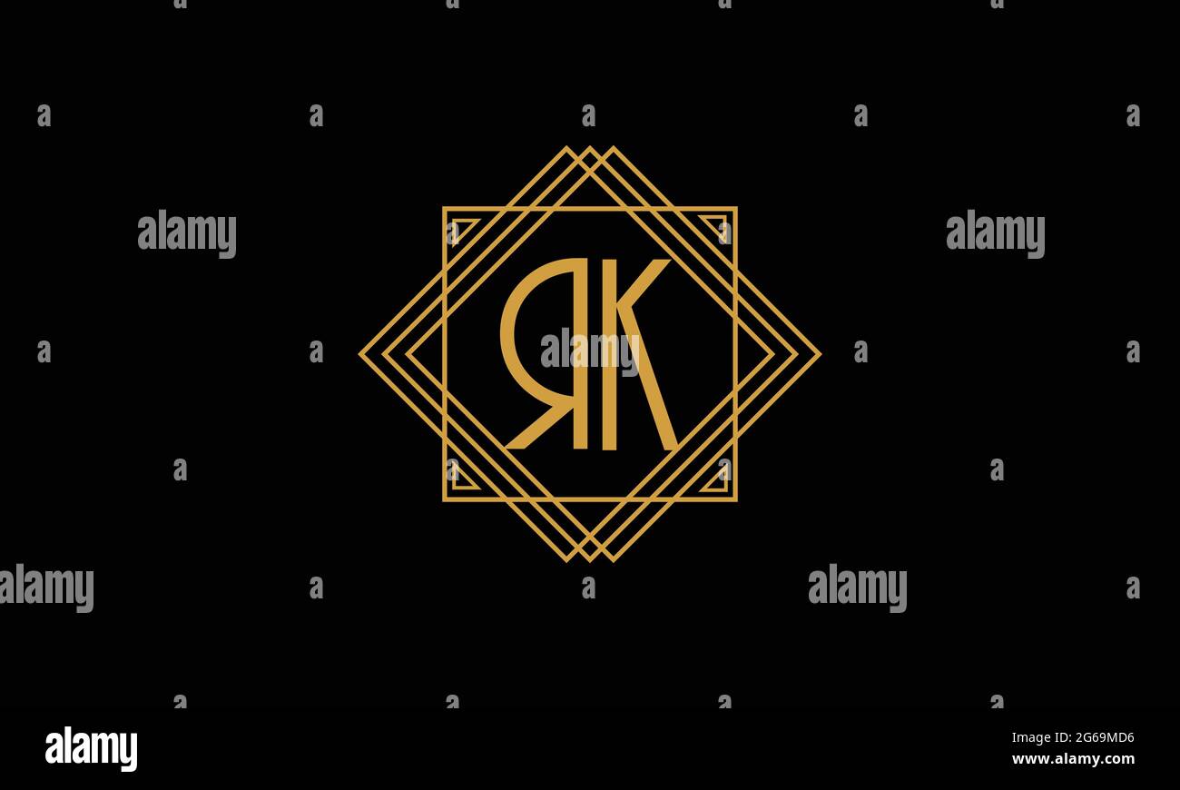Connected joint Letters R and K Art deco minimalstic logo in gold color isolated in black background with square frame Stock Vector
