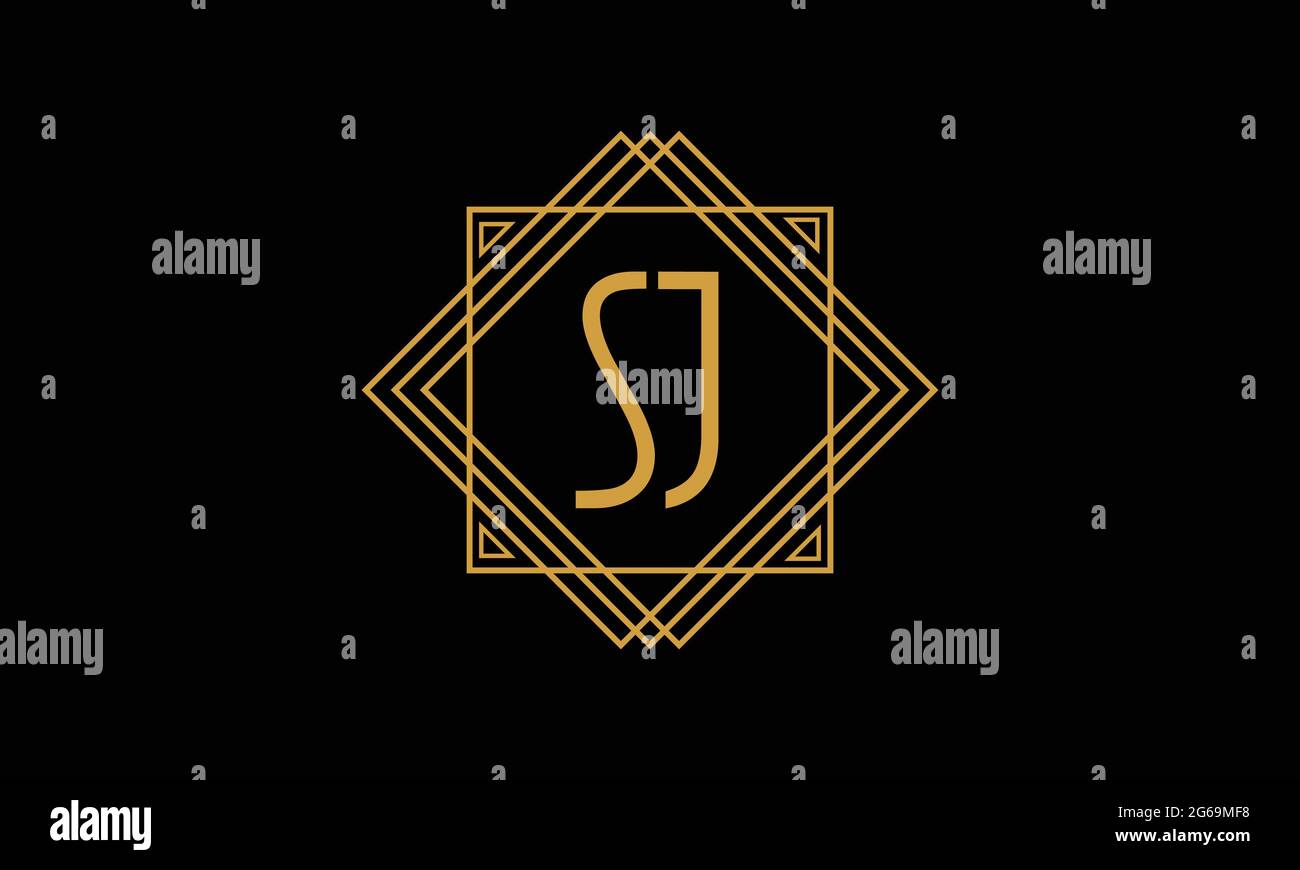 Connected joint Letters S and J Art deco minimalstic logo in gold color isolated in black background with square frame Stock Vector