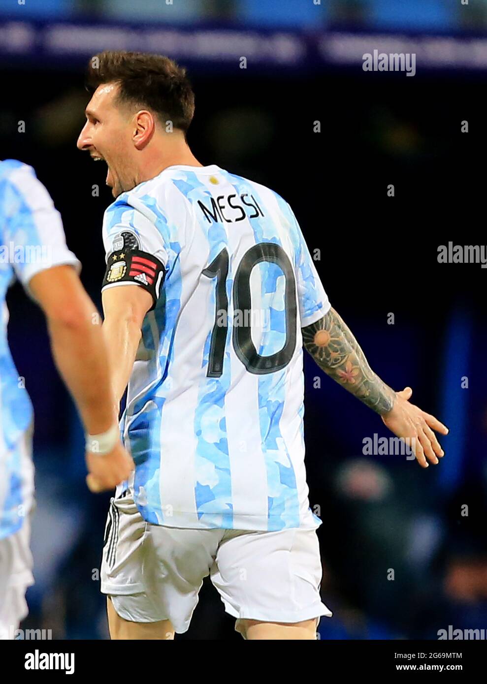 GOIANIA, BRAZIL - JULY 03: Lionel Messi of Argentina celebrates after  scores his Free Kick goal ,during the Quarterfinal match between Argentina  and Ecuador as part of Conmebol Copa America Brazil 2021