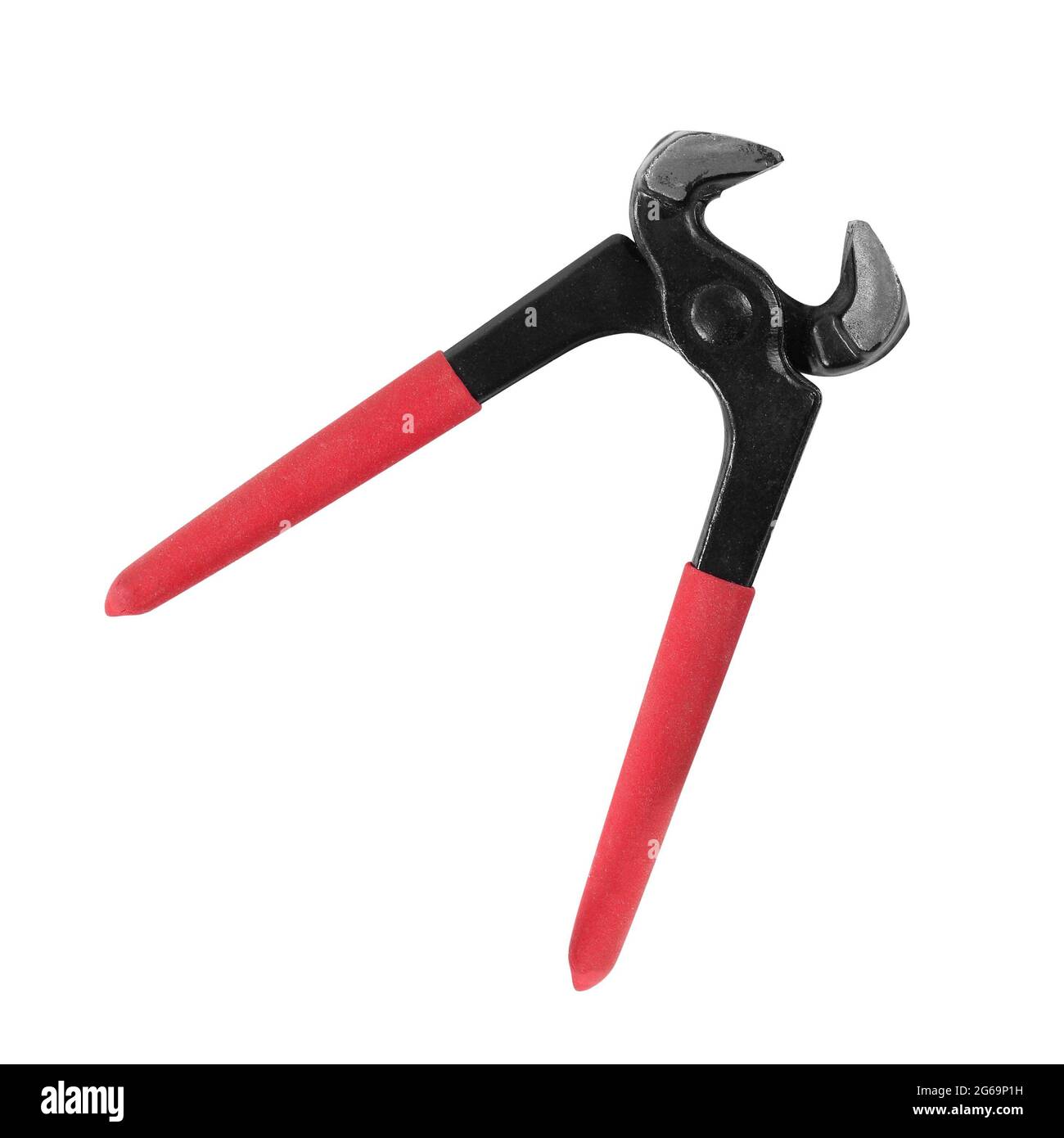 Tools Top view open carpenter's pincers with red handles isolated on