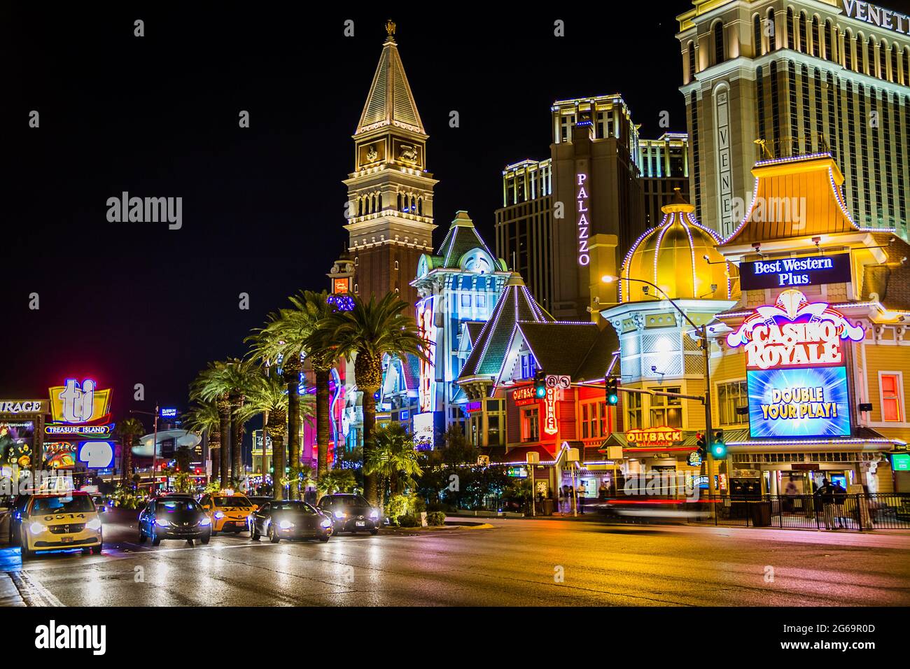 The vehicles at the traffic on the Strip at night Stock Photo