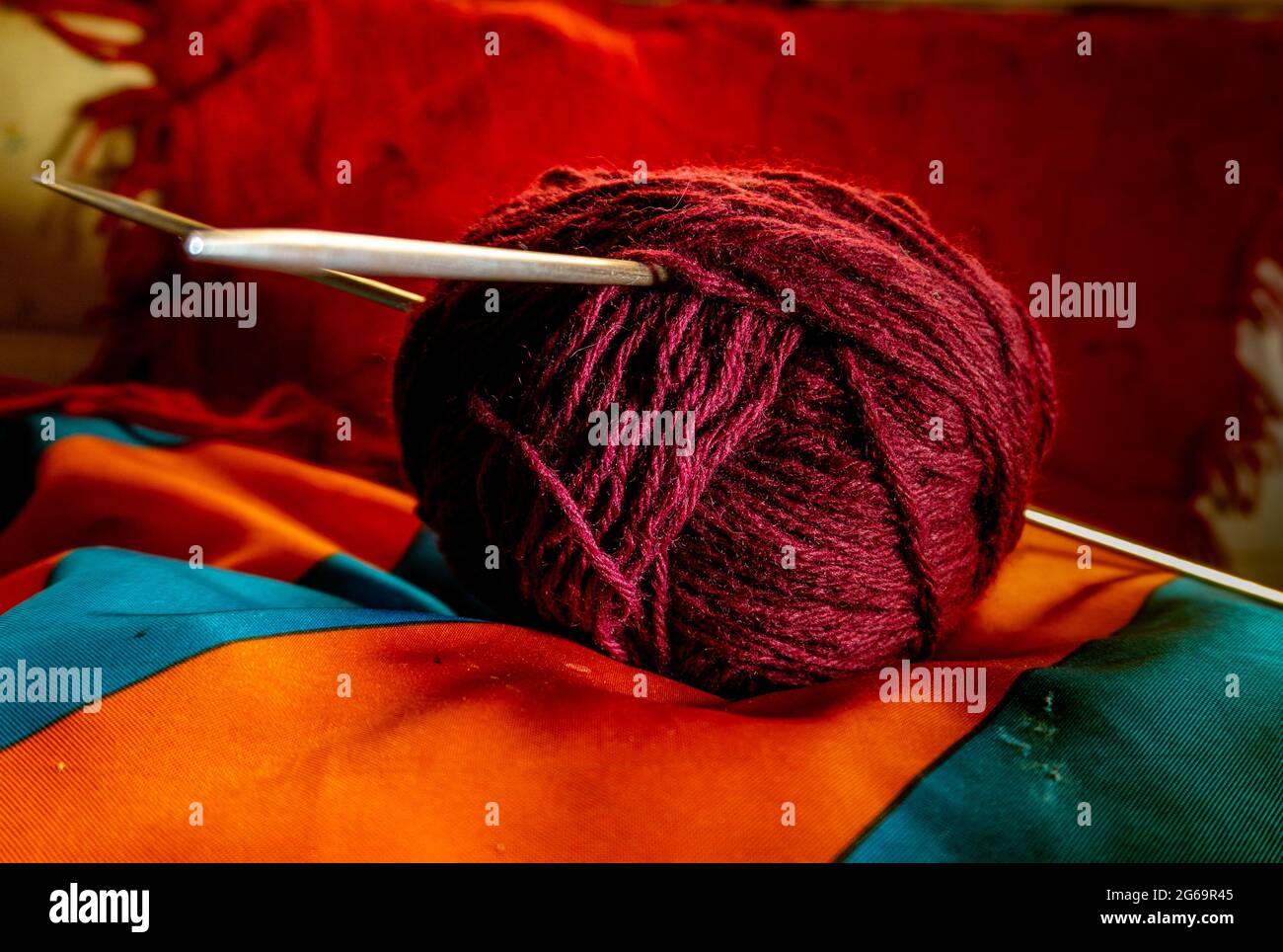 maroon wool yarn ball for needle knitting Stock Photo