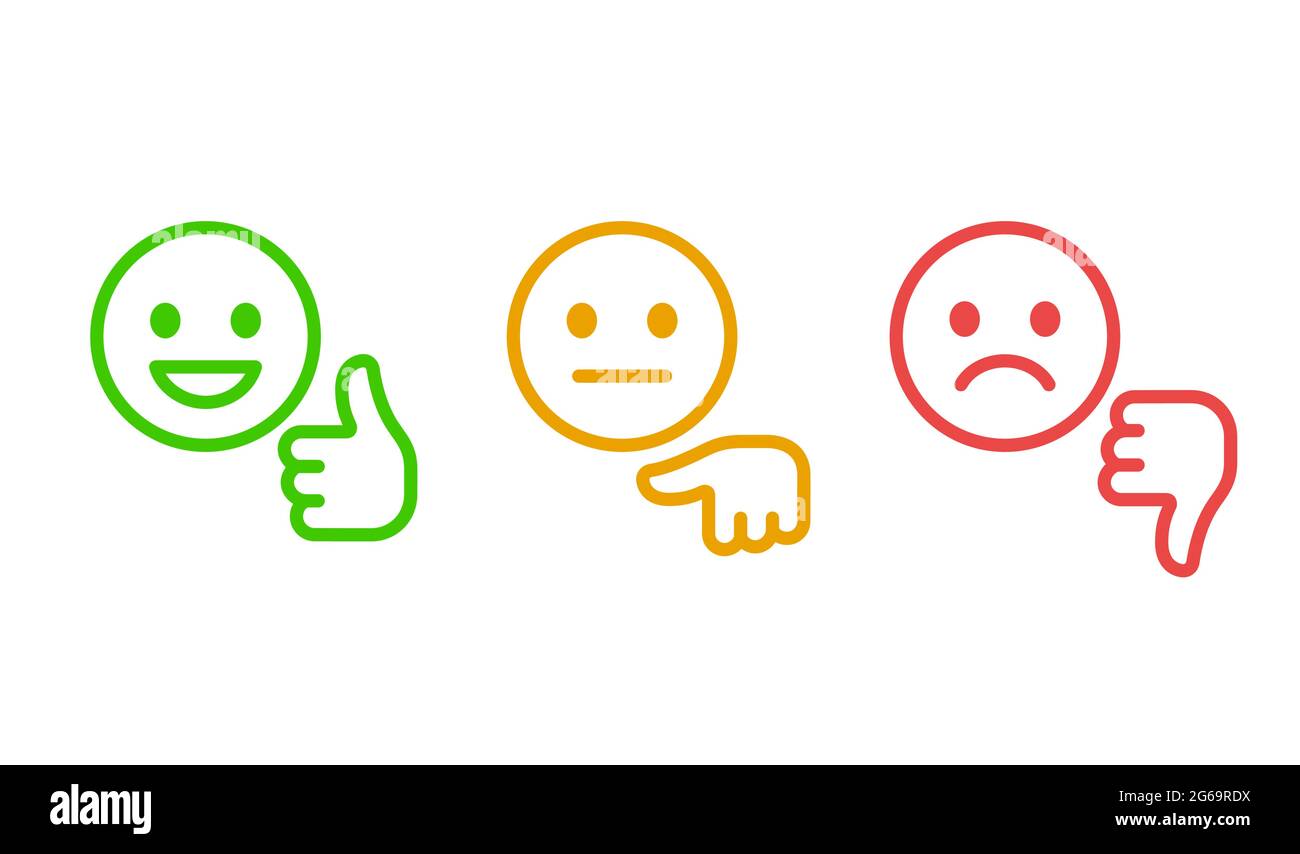 Customer satisfaction rating scale, smiley face with thumbs up and down. Positive and negative feedback button. Line vector icons. Stock Vector