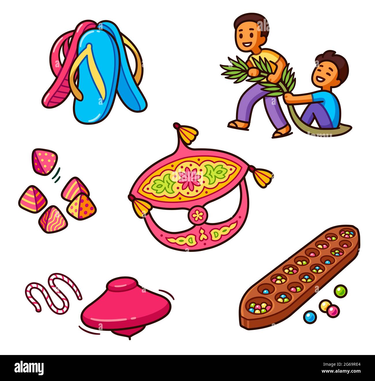 Traditional Malaysian game set. Cartoon drawing of fun games of Malay children. Vector clip art illustration. Stock Vector