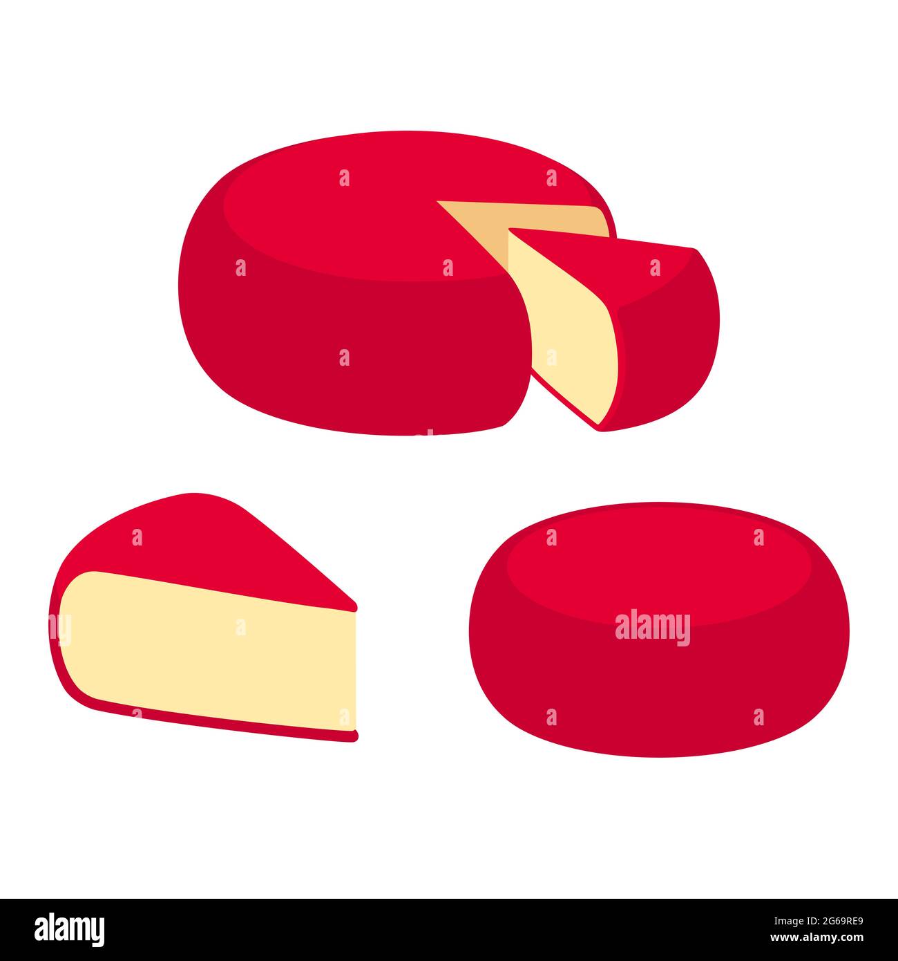 Cartoon Edam cheese with red wax rind. Triangle piece cut out of round