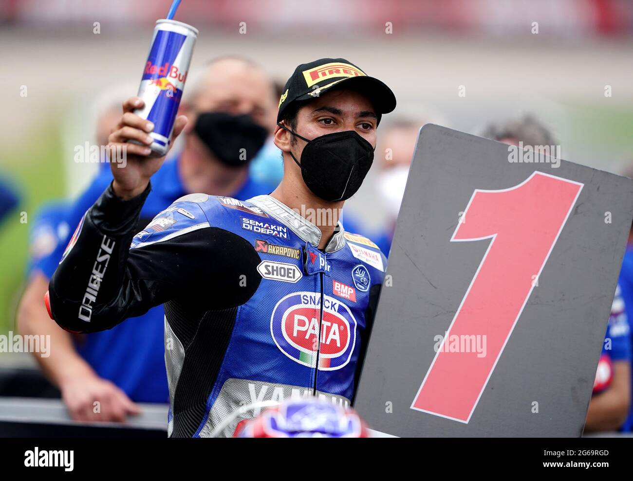 Toprak Razgatl?oglu poses for photos after winning Race 2 during day two of the Motul Fim Superbike Championship 2021 at Donington Park, Leicestershire. Saturday July 4, 2021. Stock Photo