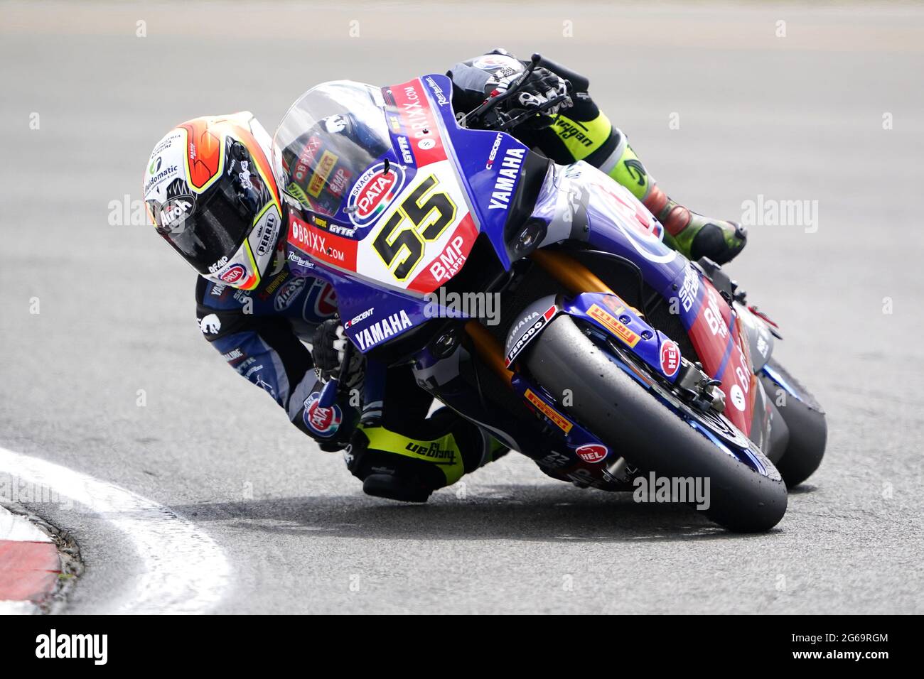 Antonio Locatelli of Pata Yamaha with BRIXX WorldSBK in Race 2 during day two of the Motul Fim Superbike Championship 2021 at Donington Park, Leicestershire. Saturday July 4, 2021. Stock Photo