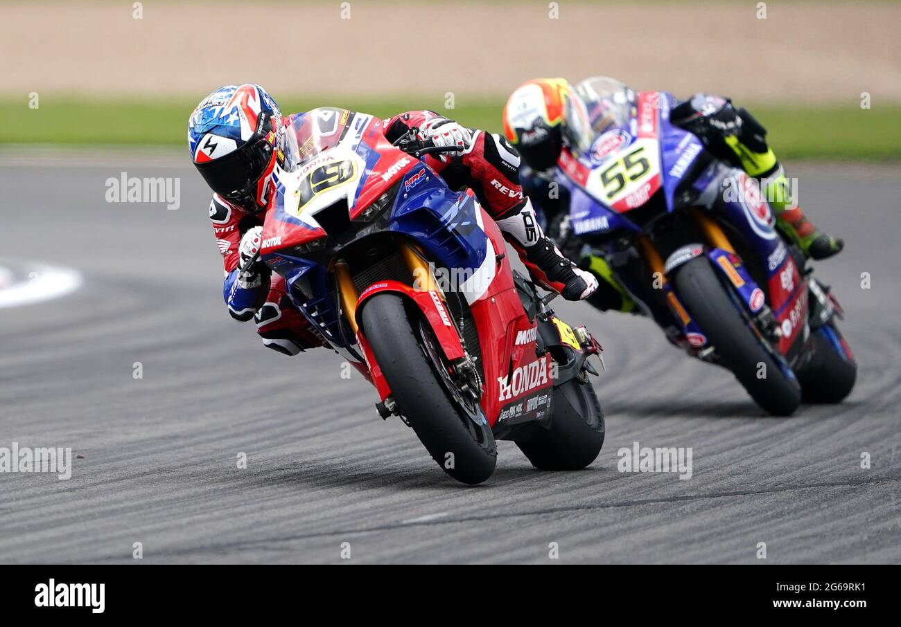 Alvaro Bautista of Team HRC in Race 2 during day two of the Motul Fim Superbike Championship 2021 at Donington Park, Leicestershire. Saturday July 4, 2021. Stock Photo