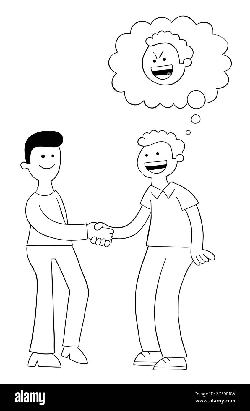 Cartoon two men shake hands and look happy but one of them is malicious, vector illustration. Black outlined and white colored Stock Vector Image & Art - Alamy Cartoon two men shake hands and look happy but one of them is malicious, vector illustration. Black outlined and white colored Stock Vector Image & Art - Alamy
