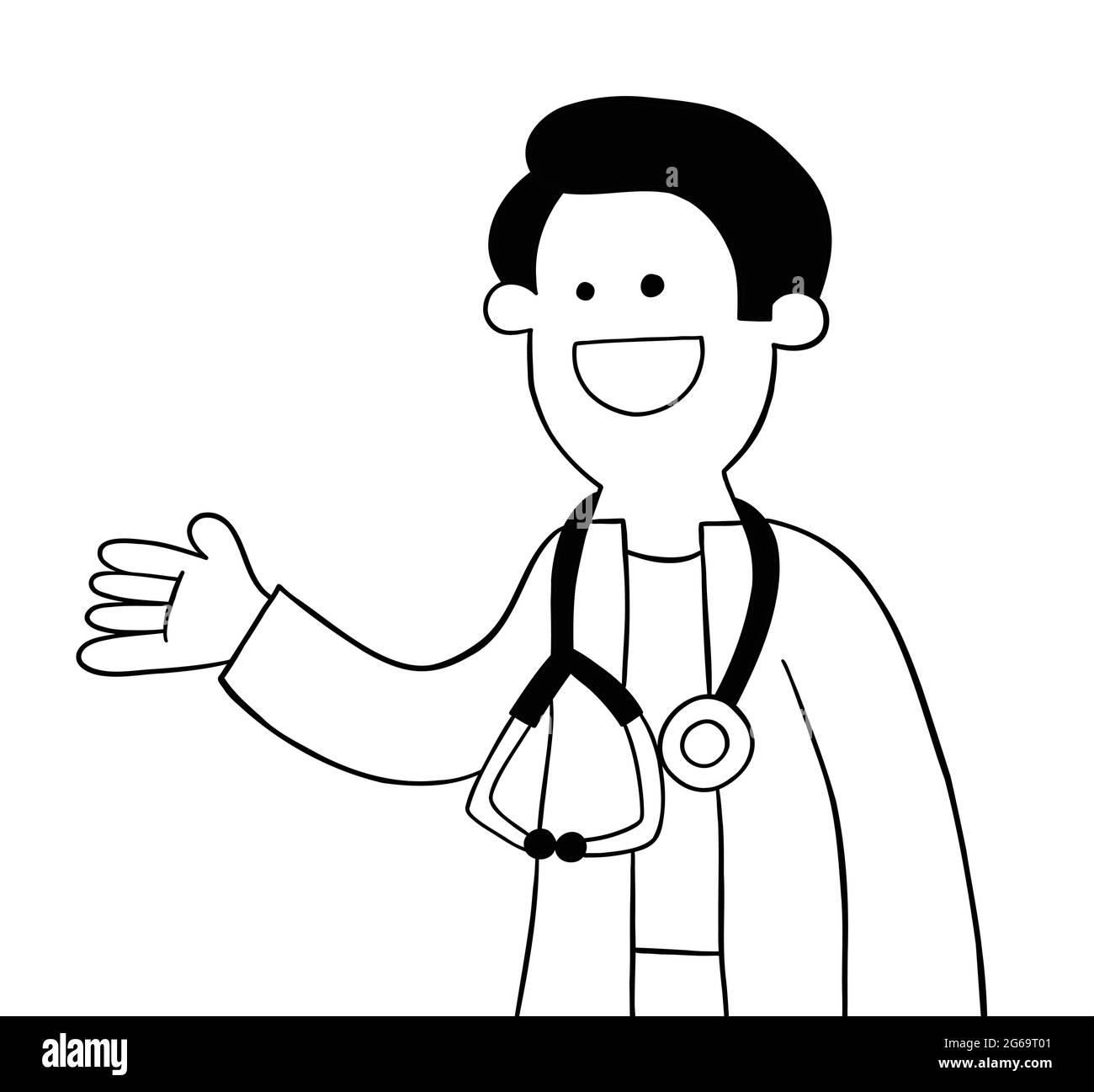 Cartoon doctor or vet is happy and showing, vector illustration. Black