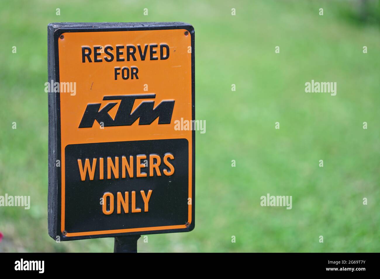 Close Up of KTM motorcycle parking Only Sign.  Milan, Italy - July 2021 Stock Photo