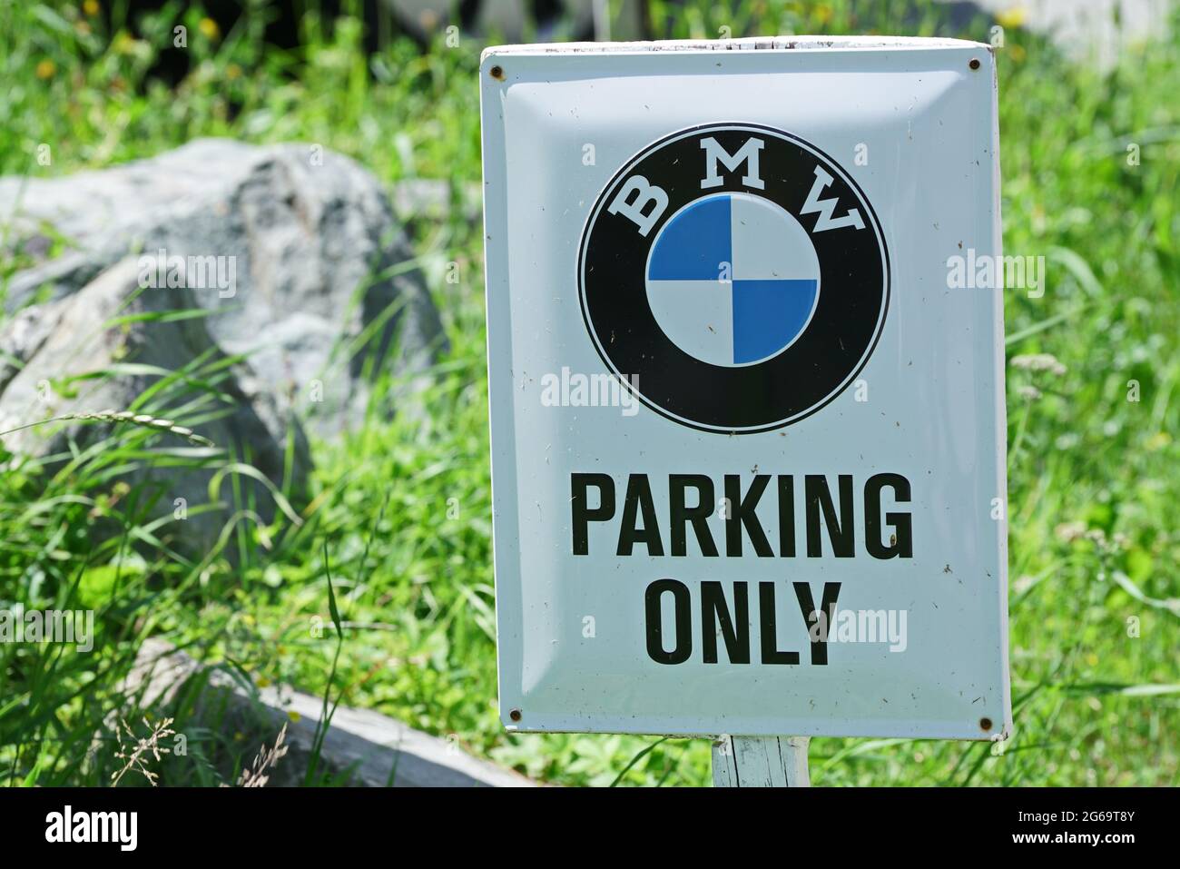 Close Up of BMW motorcycle parking Only Sign.  Milan, Italy - July 2021 Stock Photo