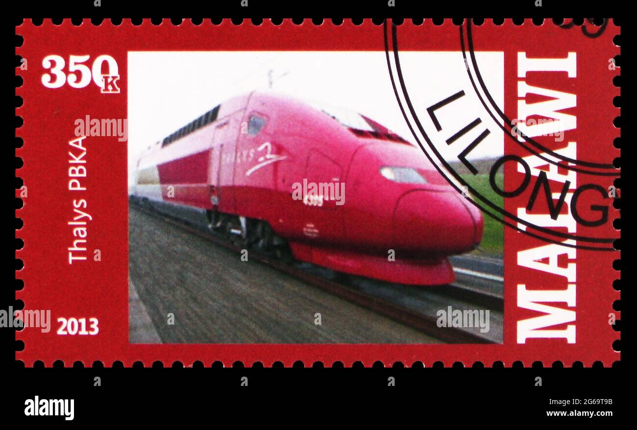 MOSCOW, RUSSIA - MARCH 28, 2020: Postage stamp printed in Malawi shows Thalys PBKA, High speed trains serie, circa 2013 Stock Photo