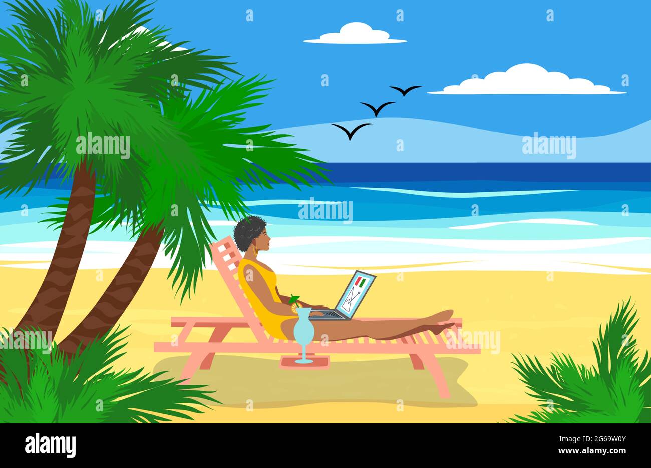 Woman lying in a deck chair with a laptop and having a tropical cocktail under the palm trees by the sea. Freelancer and palms, remote work and freela Stock Vector