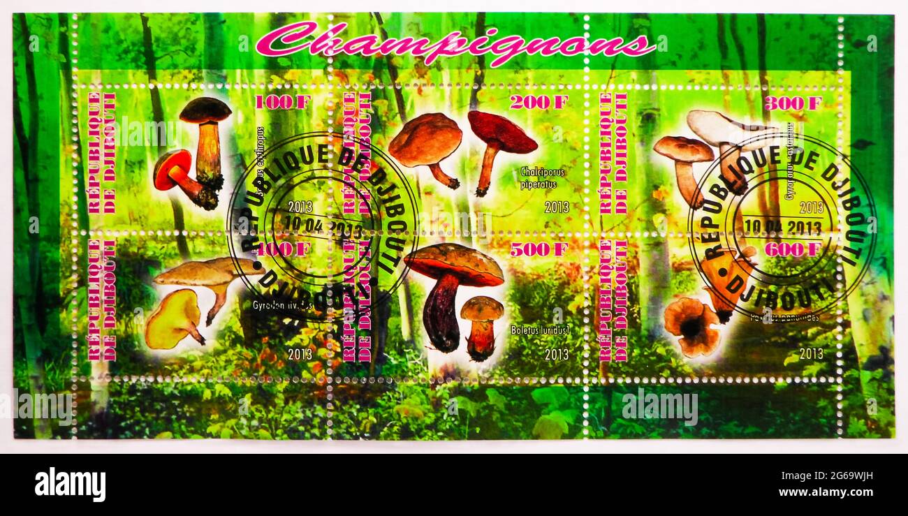 MOSCOW, RUSSIA - MARCH 28, 2020: Postage stamp printed in Djibouti from Mushrooms, serie, circa 2013 Stock Photo