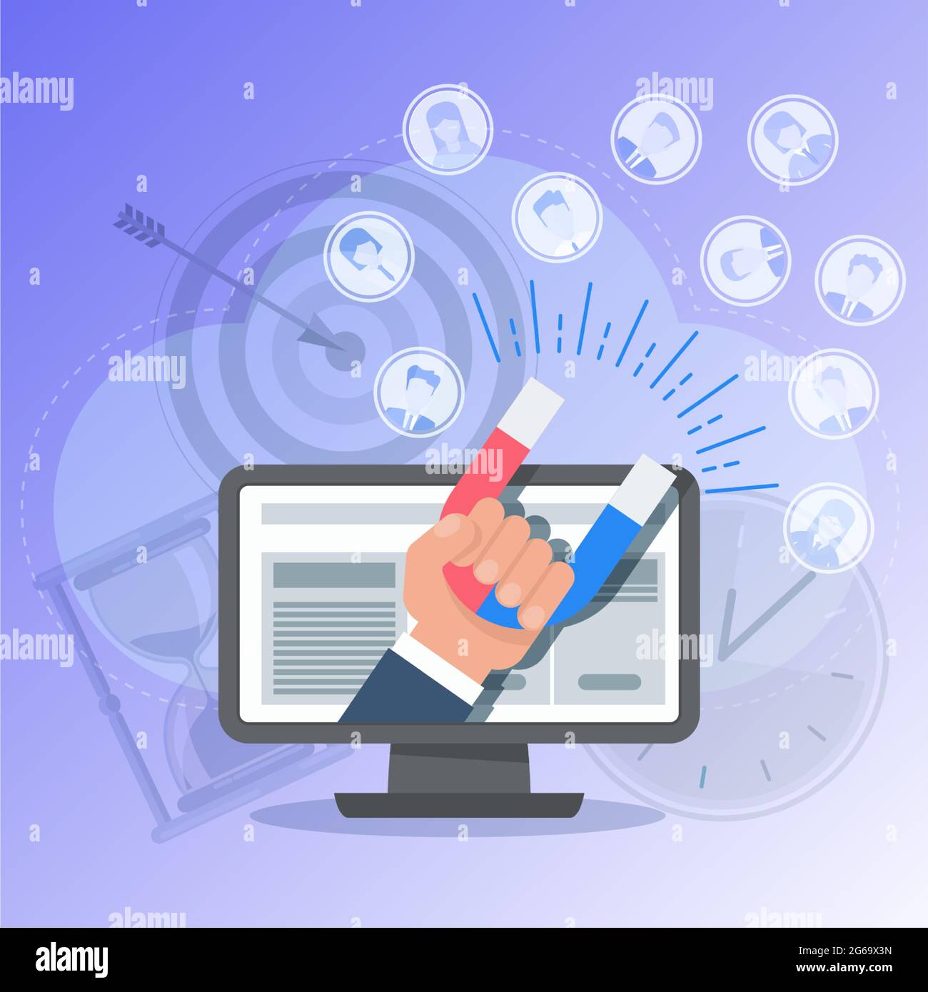 Attracting potential customers. Man with huge magnet Stock Vector