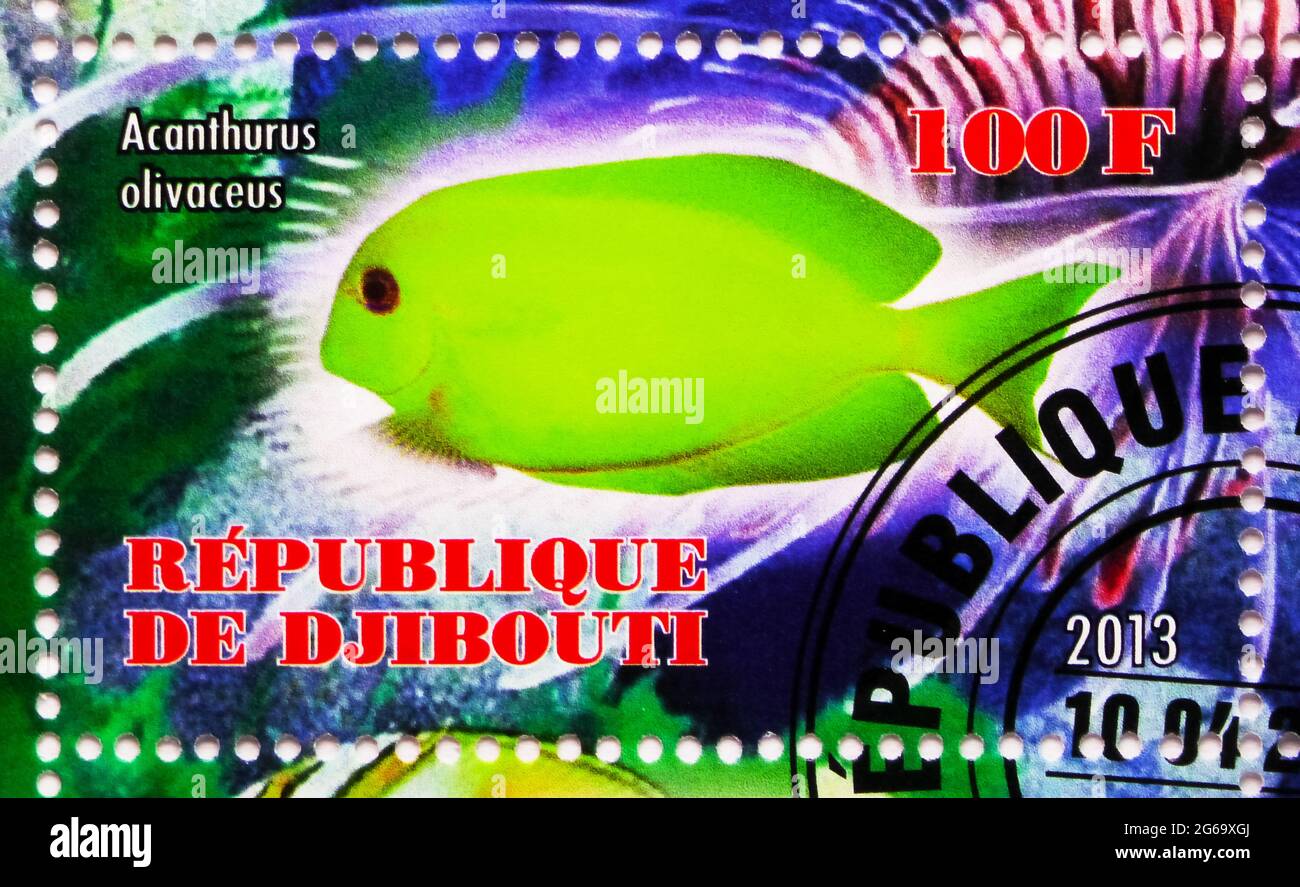 MOSCOW, RUSSIA - MARCH 28, 2020: Postage stamp printed in Djibouti shows Acanthurus olivaceus, Fishes serie, circa 2013 Stock Photo