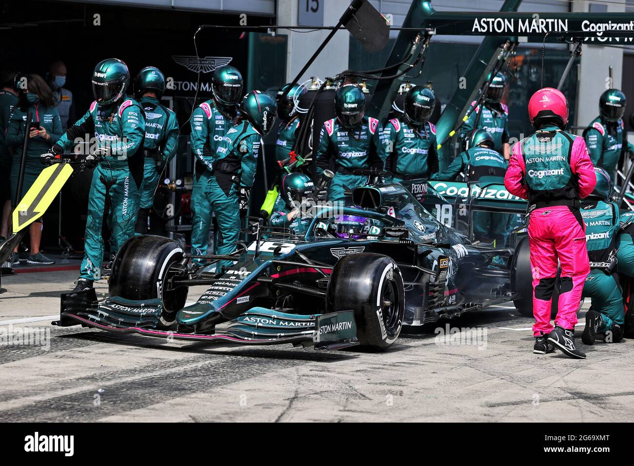 Spielberg, Austria. 04th July, 2021. Lance Stroll (CDN) Aston Martin F1  Team AMR21 makes a pit