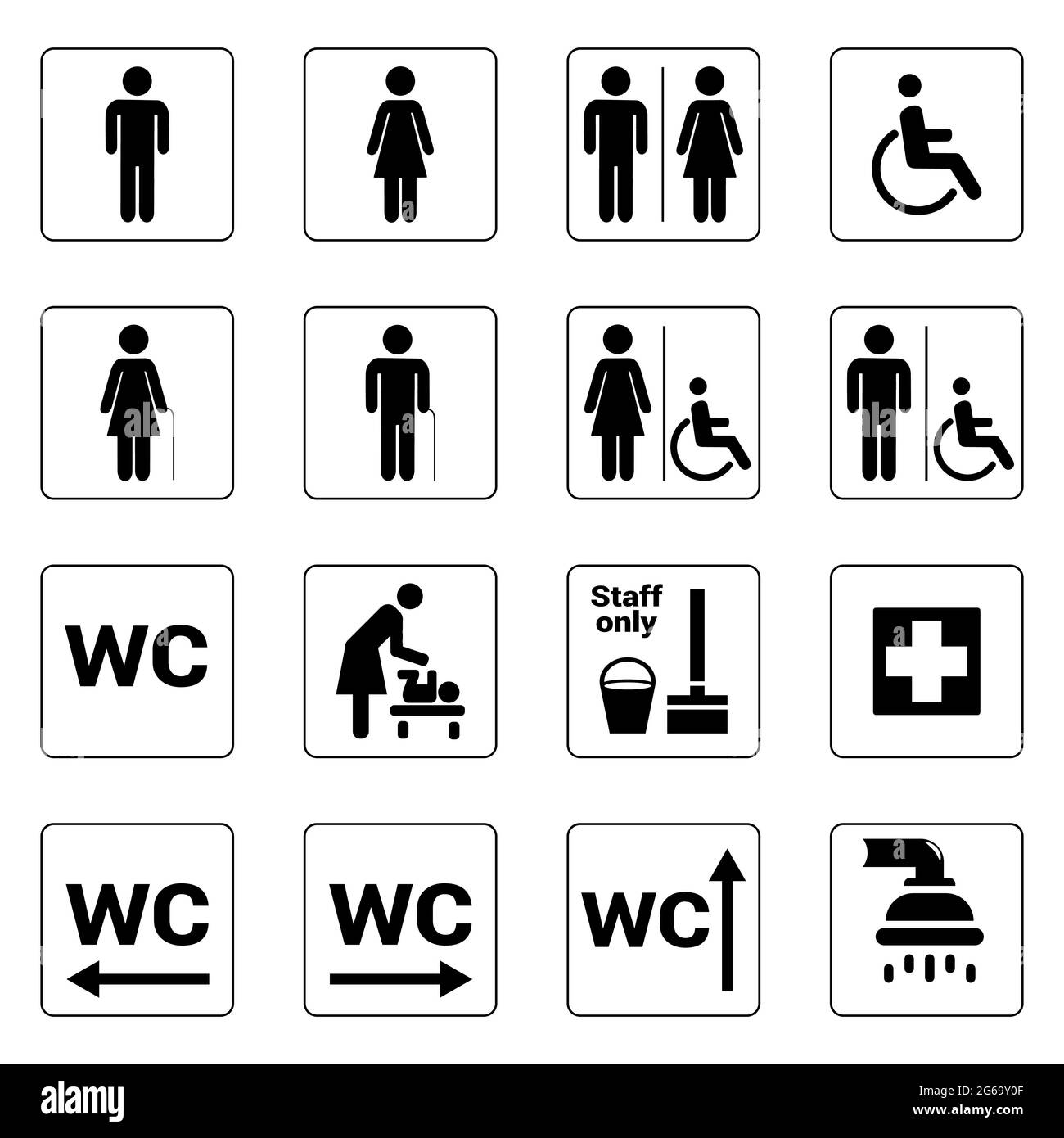 Toilet signs, Set of vector toilet symbols icons, WC pictogram. Black on white bacground Stock Vector