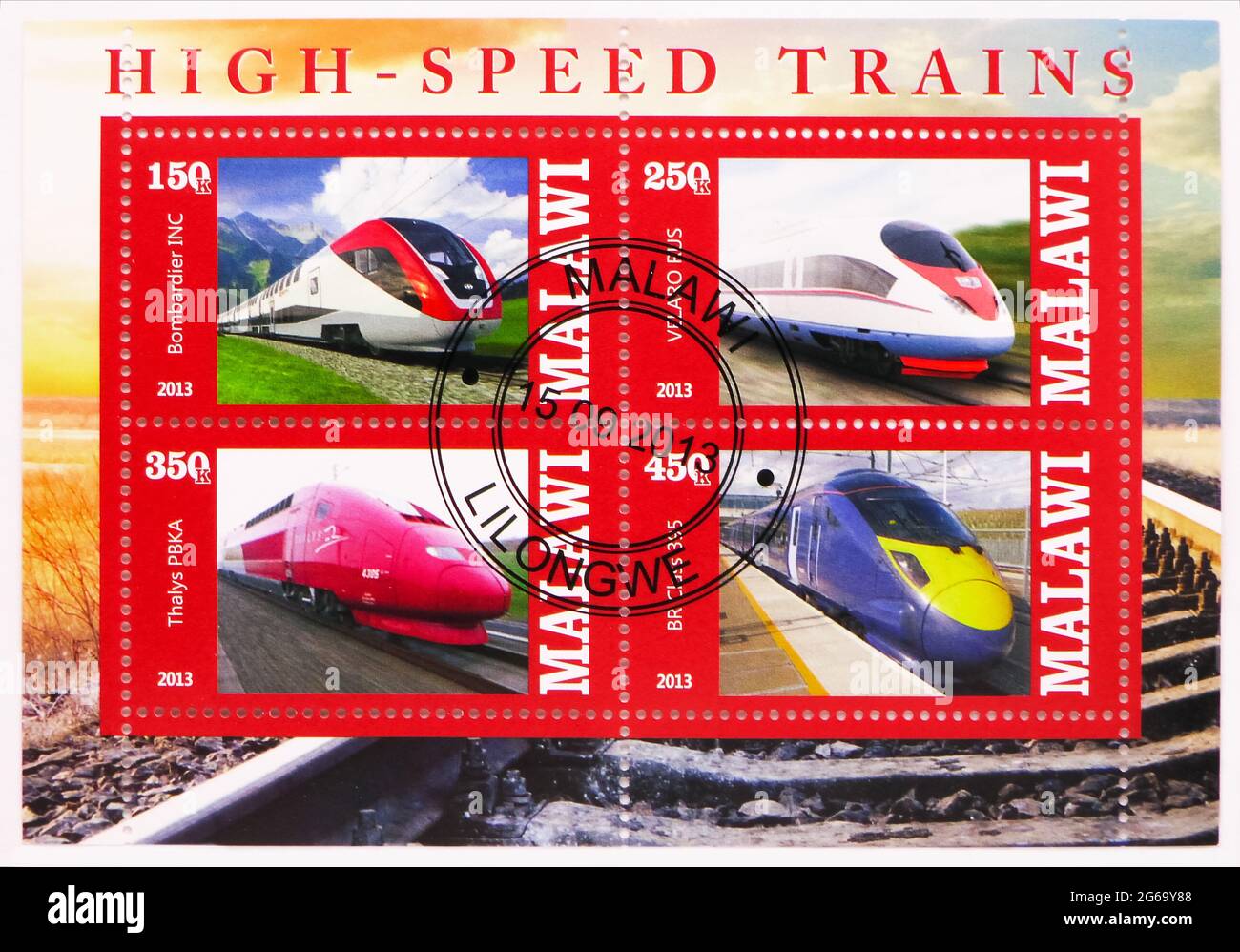 MOSCOW, RUSSIA - MARCH 28, 2020: Four postage stamps printed in Malawi shows High speed trains serie, circa 2013 Stock Photo