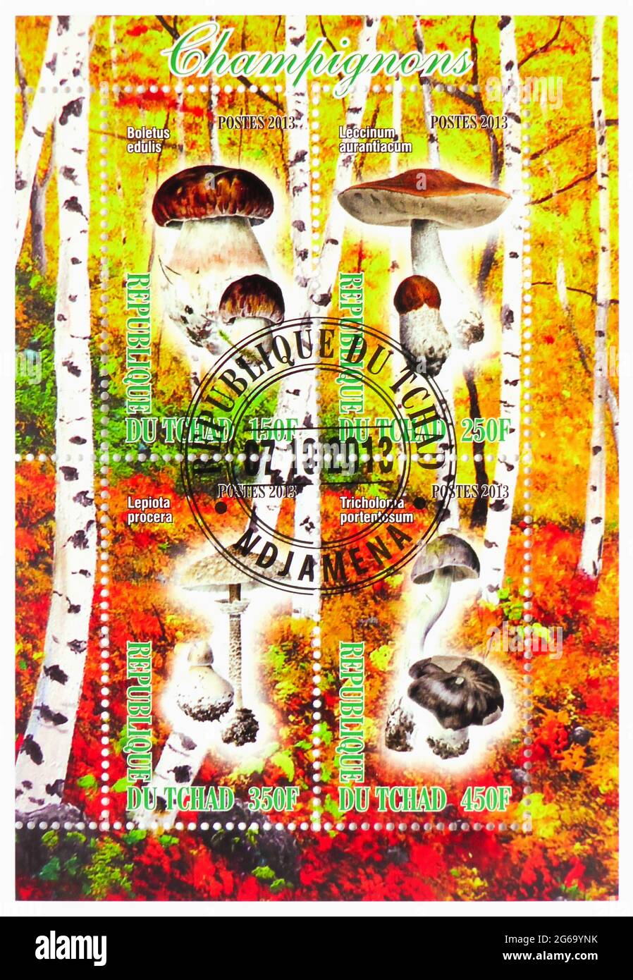 MOSCOW, RUSSIA - MARCH 28, 2020: Four postage stamps printed in Chad shows Mushrooms serie, circa 2013 Stock Photo