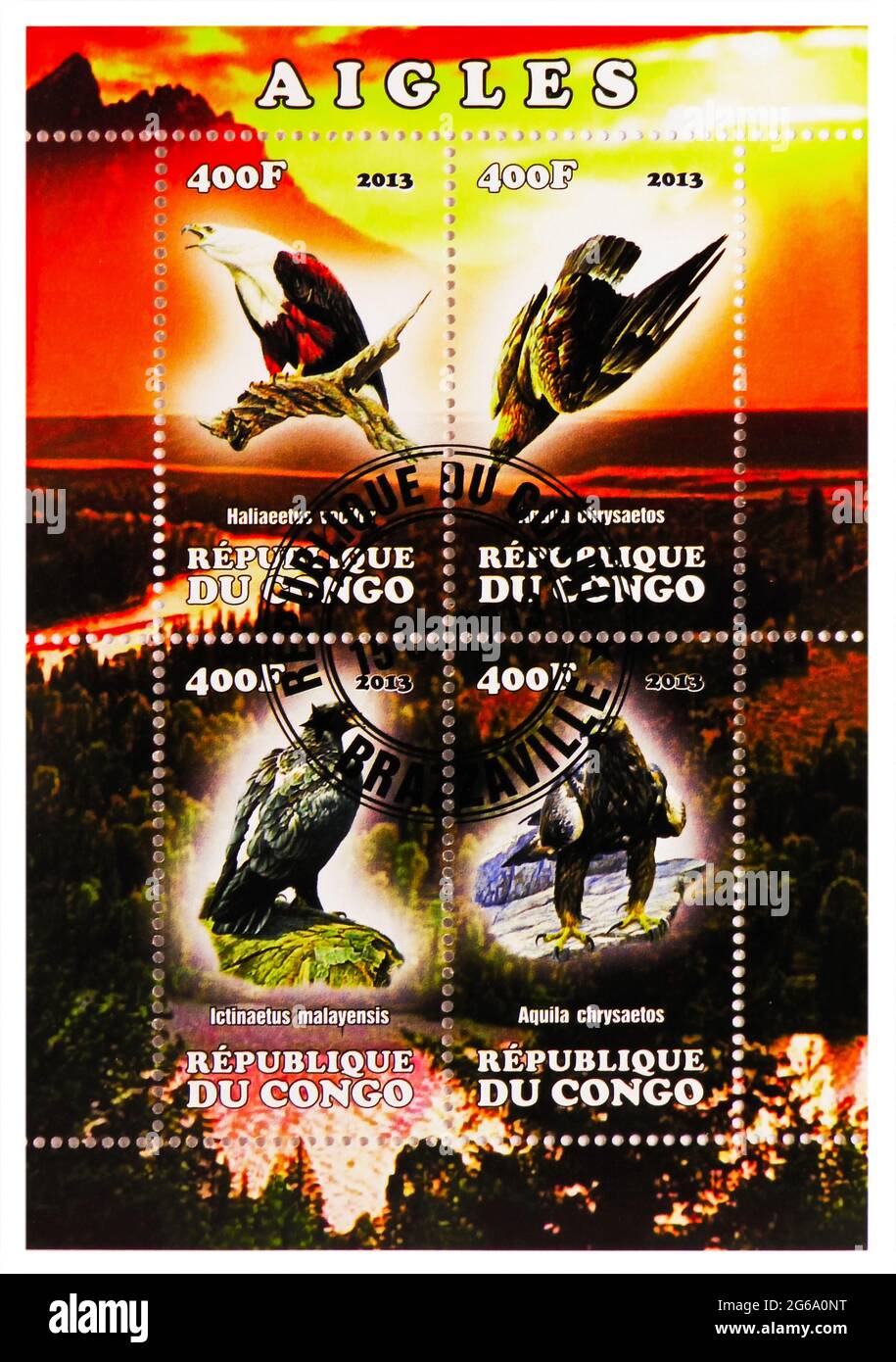 MOSCOW, RUSSIA - MARCH 28, 2020: Four postage stamps printed in Congo shows Eagles serie, circa 2013 Stock Photo