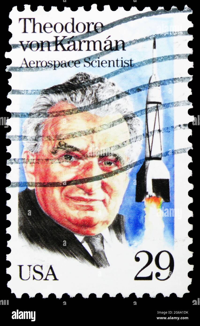 MOSCOW, RUSSIA - APRIL 18, 2020: Postage stamp printed in United States shows Doctor Theodore von Karman (1881-1963) Rocket Scientist, serie, circa 19 Stock Photo