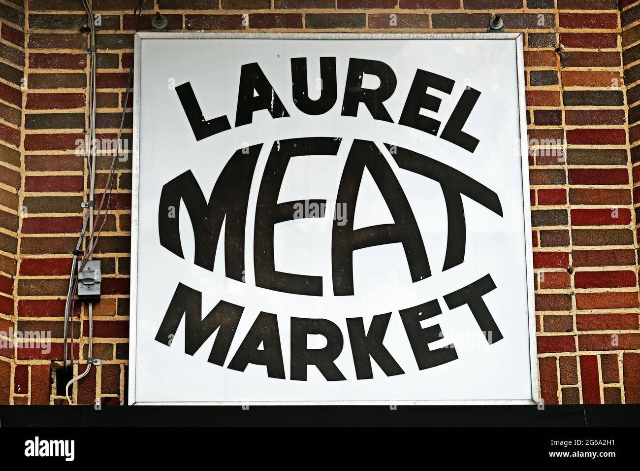 Laurel Meat Market sign on Main Street in Laurel, Maryland. Stock Photo