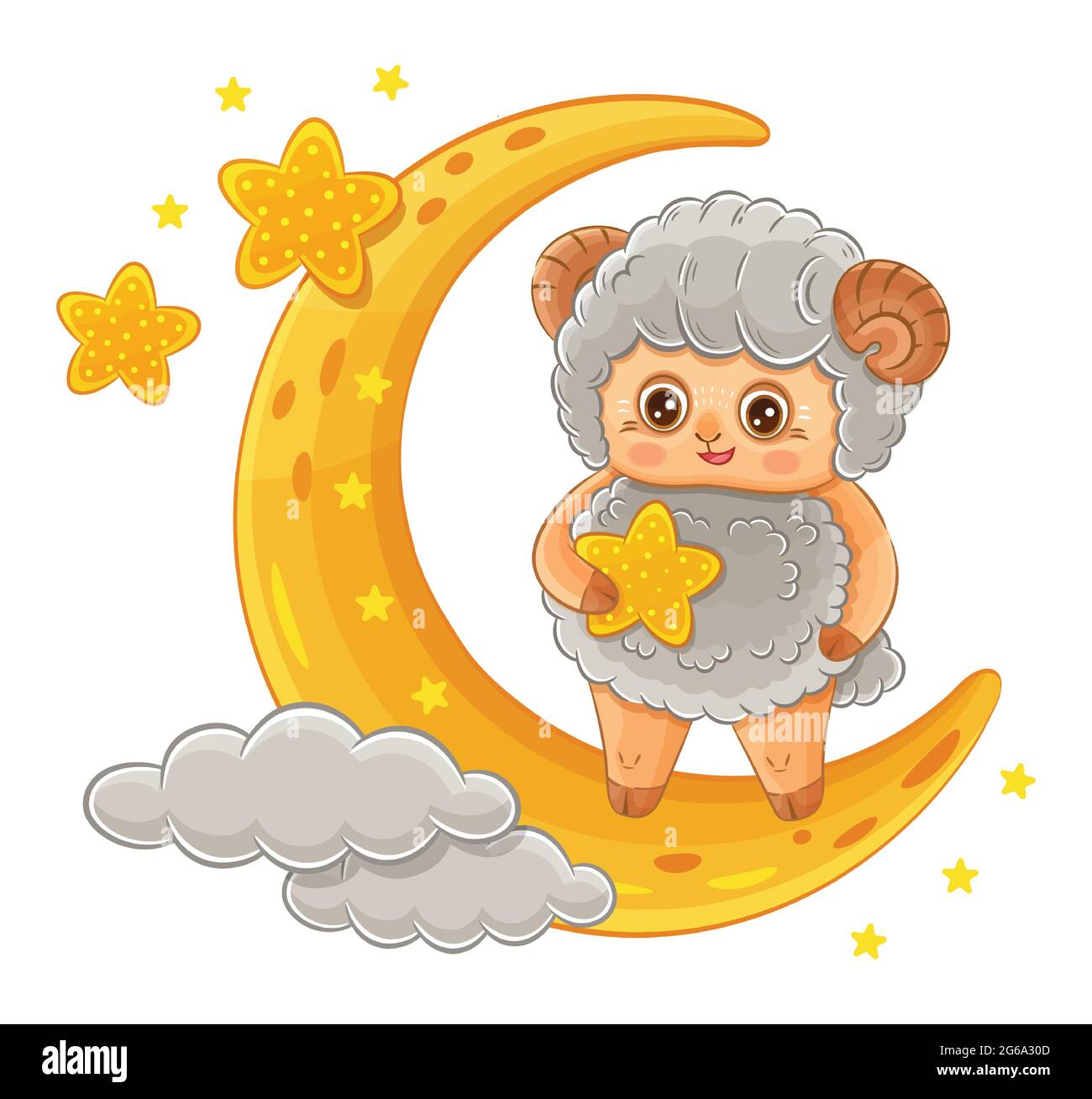 Cute ram or sheep cartoon character. Aries zodiac sign. Funny farm lamb animal with star stand on crescent moon. Muslim holiday Kurban Bayrami. Vector Stock Vector