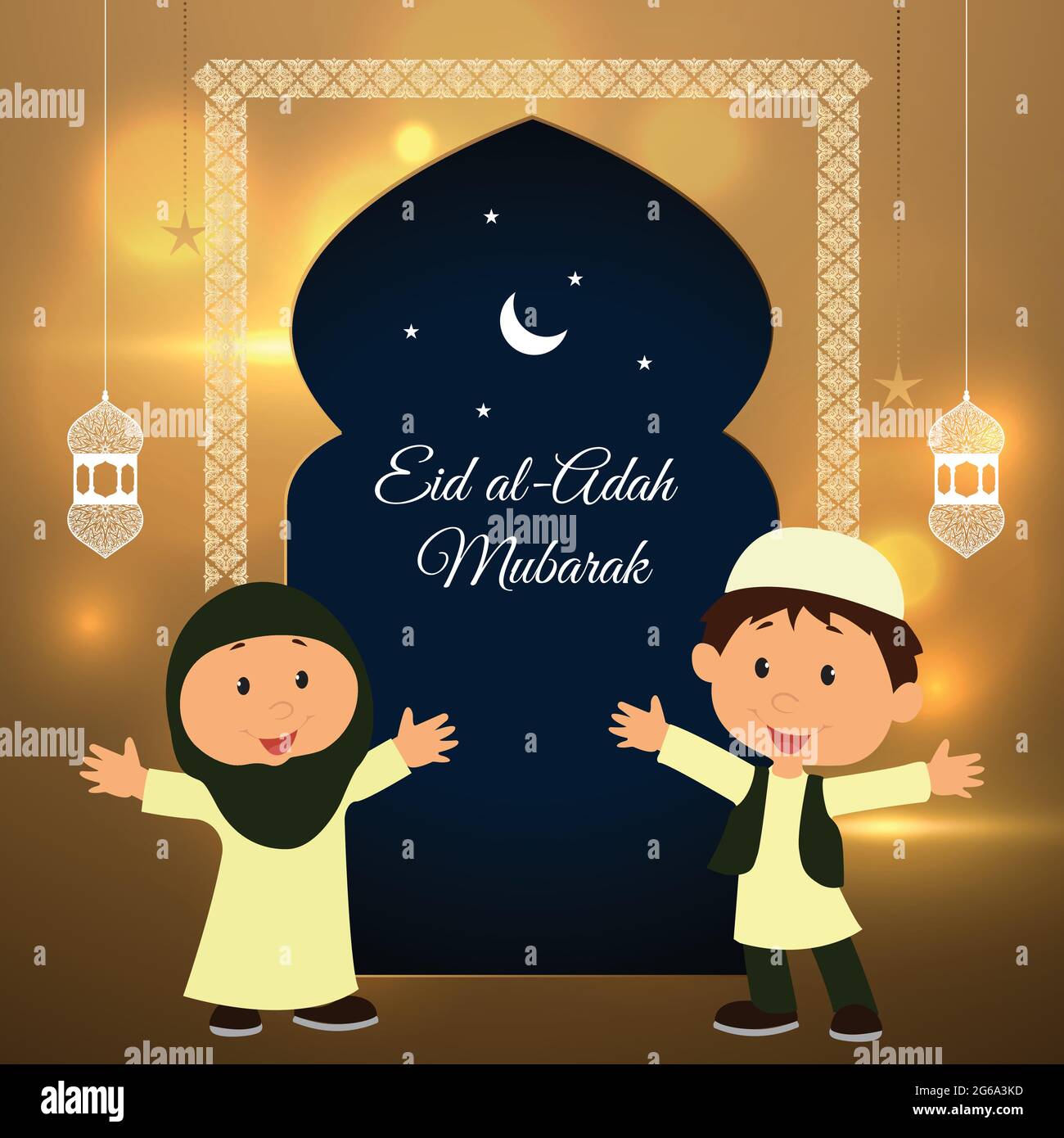 Boy and girl wish each other of Eid al-Adah Mubarak in the Eid night on the golden background Stock Vector