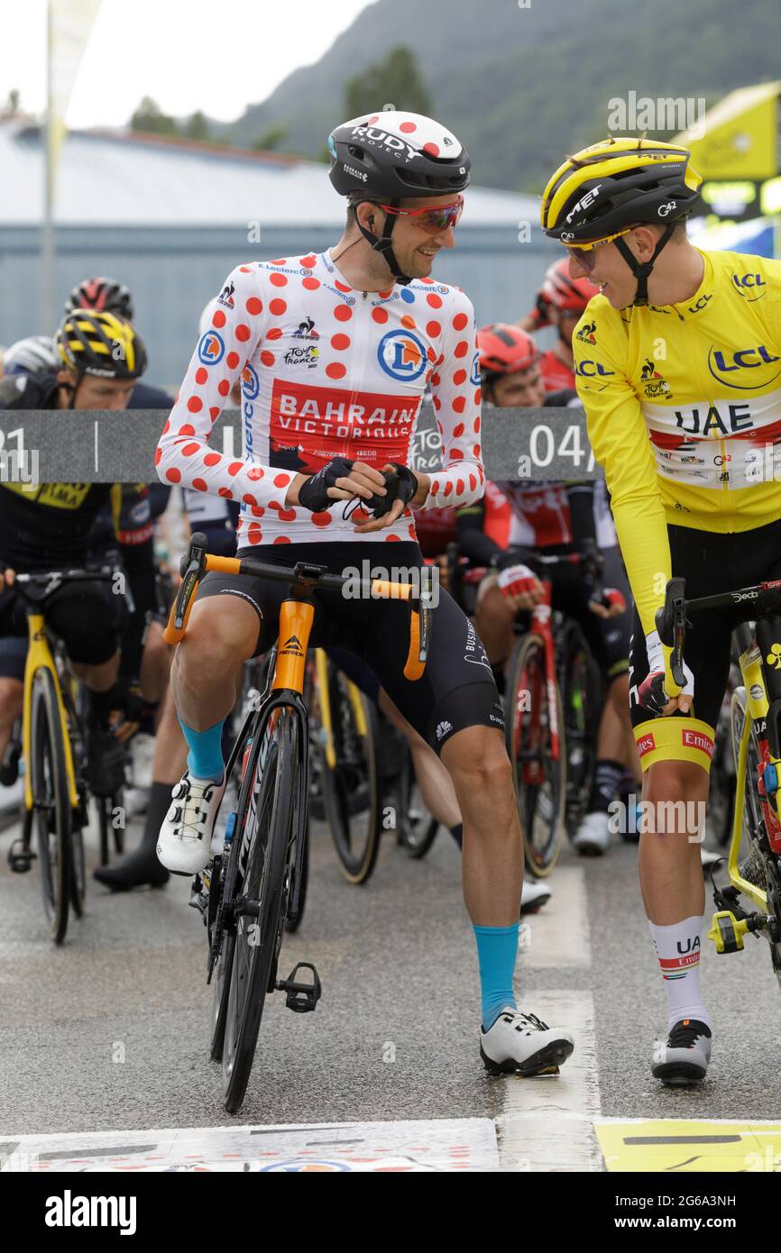 Cluses, France. 04 July 2021. Tadej Pogacar and Wouter Poels at the start of the Tour de France in Cluses. Julian Elliott News Photography Credit: Julian Elliott/Alamy Live News Stock Photo