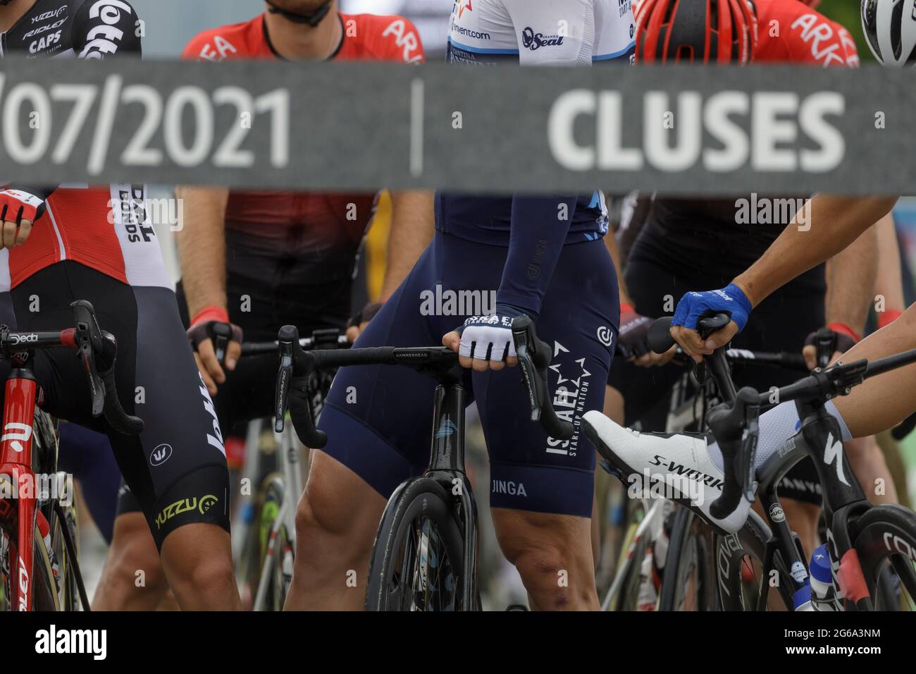 Cluses, France. 04 July 2021. Riders at the beginning of the Tour de France Stage 9 in Cluses, France. Julian Elliott News Photography Credit: Julian Elliott/Alamy Live News Stock Photo