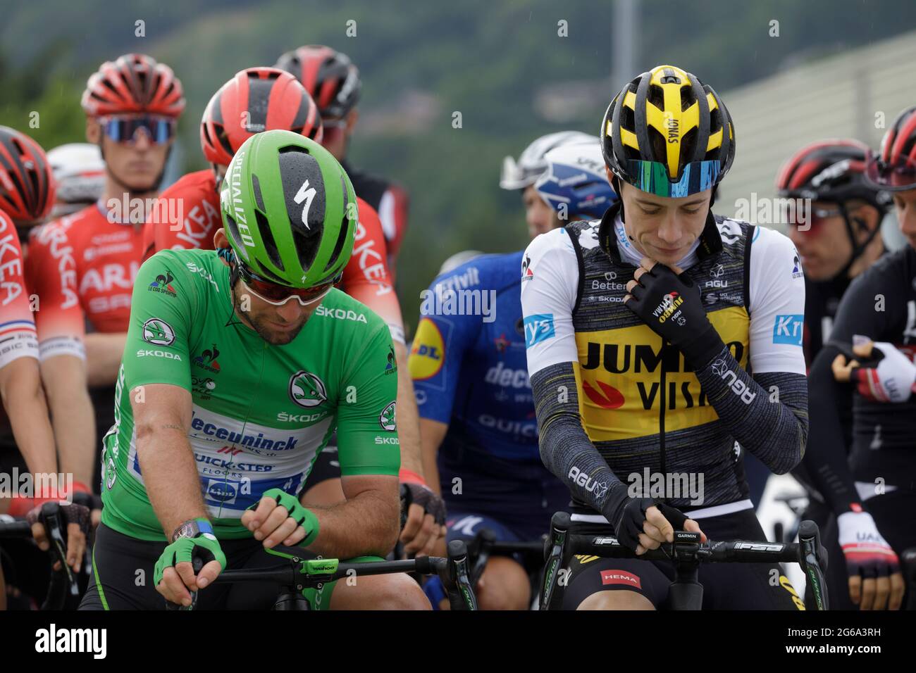 Cluses, France. 04 July 2021. Mark Cavendish at the start of Stage 9 of the Tour de France in Cluses. Julian Elliott News Photography Credit: Julian Elliott/Alamy Live News Stock Photo