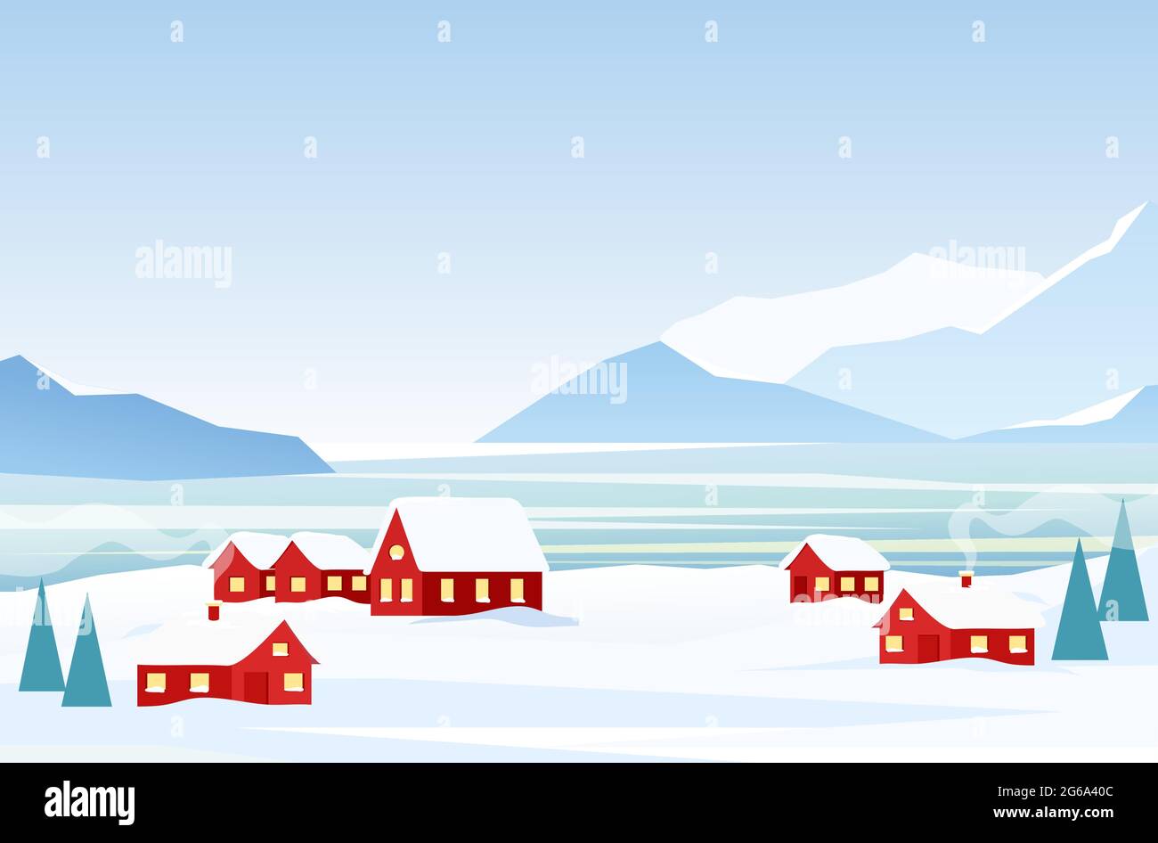 Vector illustration of winter landscape with red houses on the frozen ...