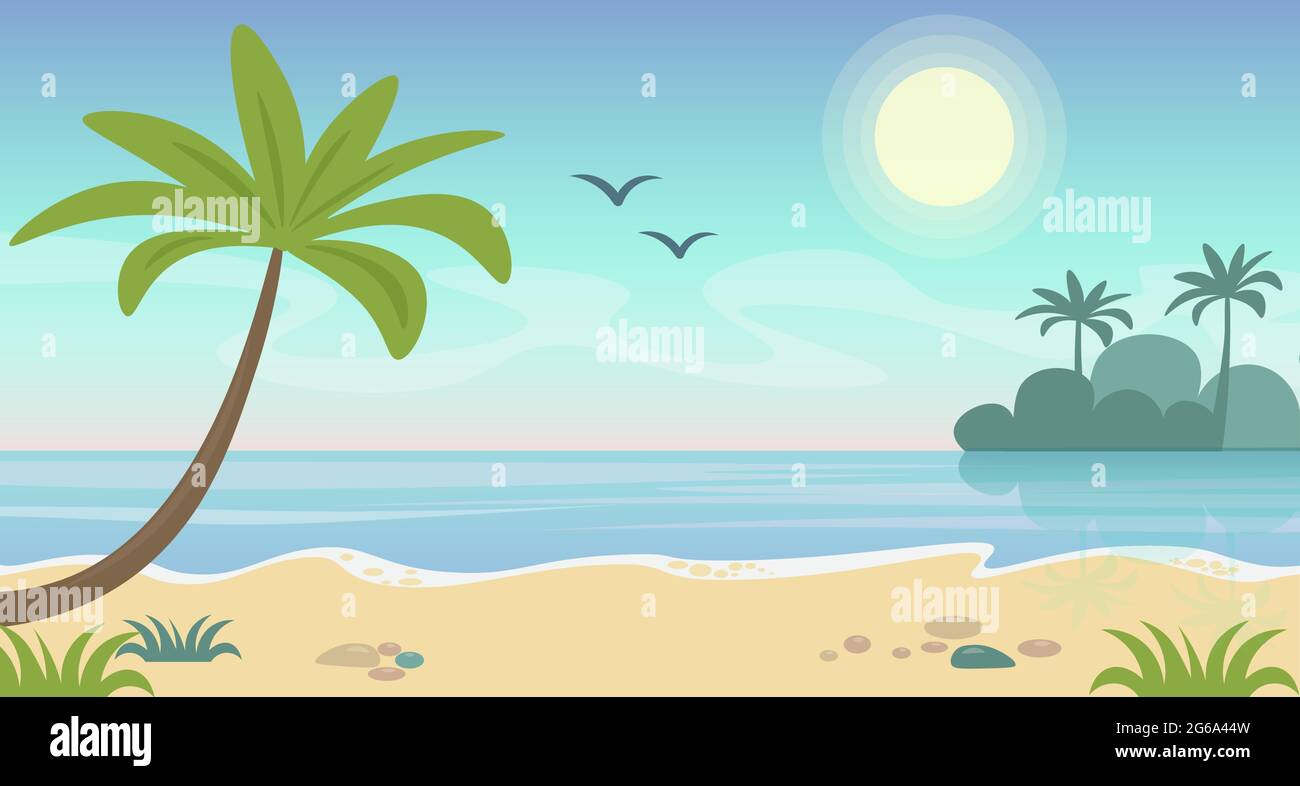 Vector illustration of beautiful seaside tropical landscape. Summer concept with beach and palm trees, blue water, flat cartoon style. Stock Vector