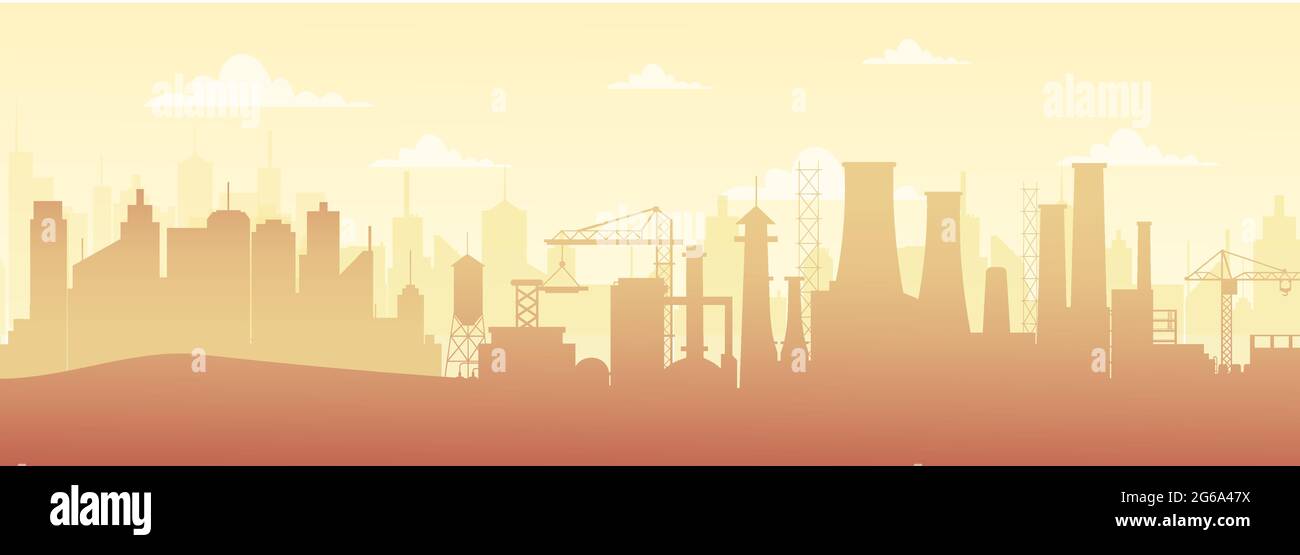 Vector illustration of panoramic industrial silhouette landscape with factory buildings and pollution in flat style. Stock Vector