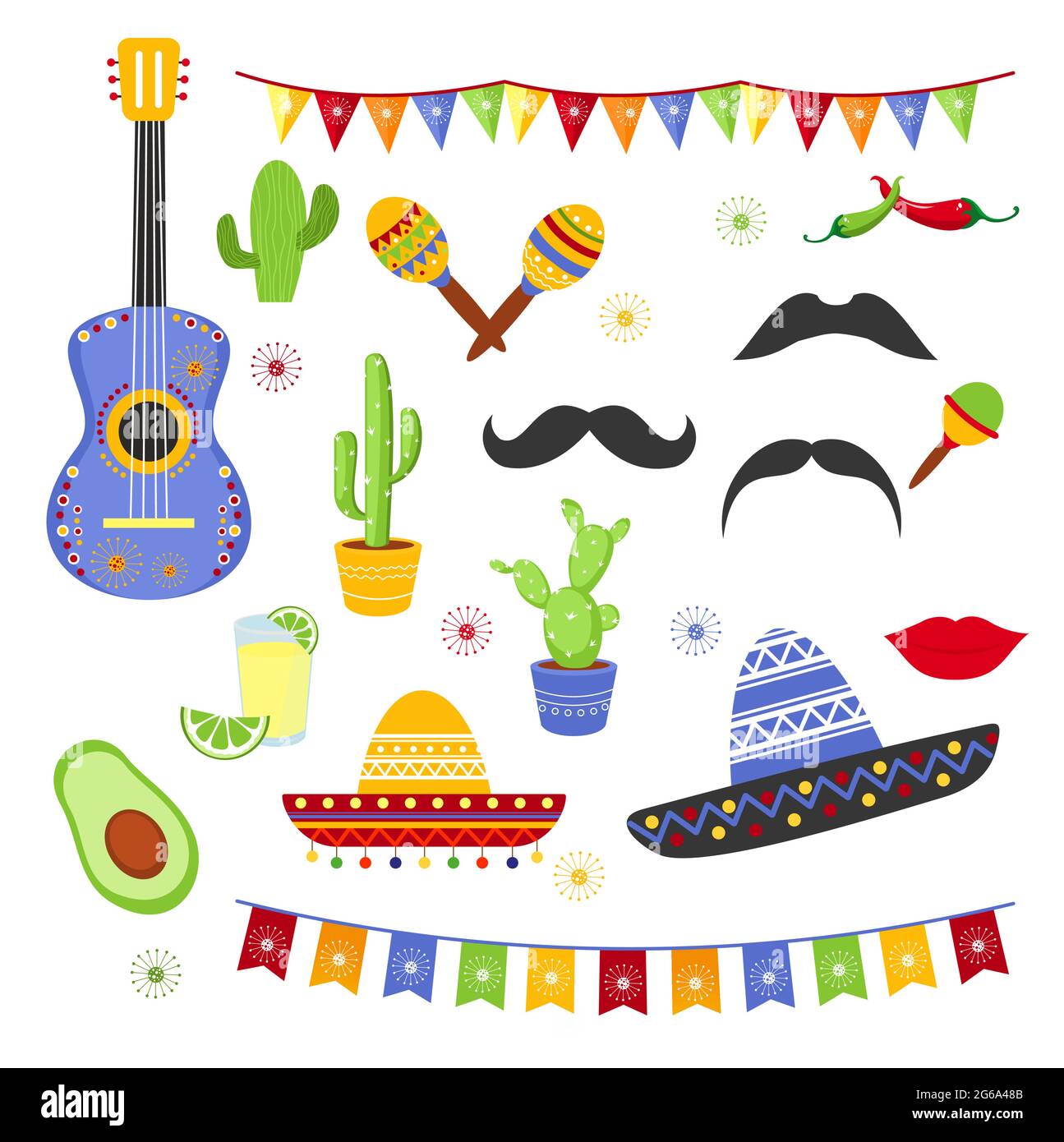 Vector illustration set of decorative elements for Fiesta. Collection of Cinco de Mayo design, flat cartoon style mexican hats, avocado, tequila Stock Vector